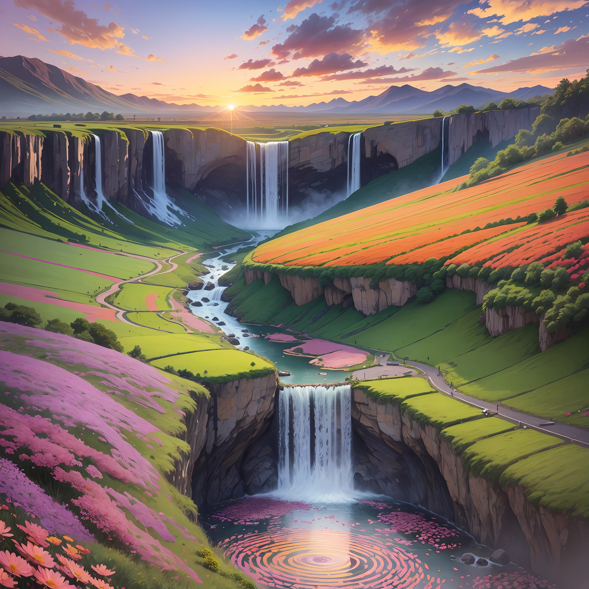 cartoon, Capture the beauty of a colorful sunset, a field of flowers in full bloom or a moving waterfall. --auto --s2