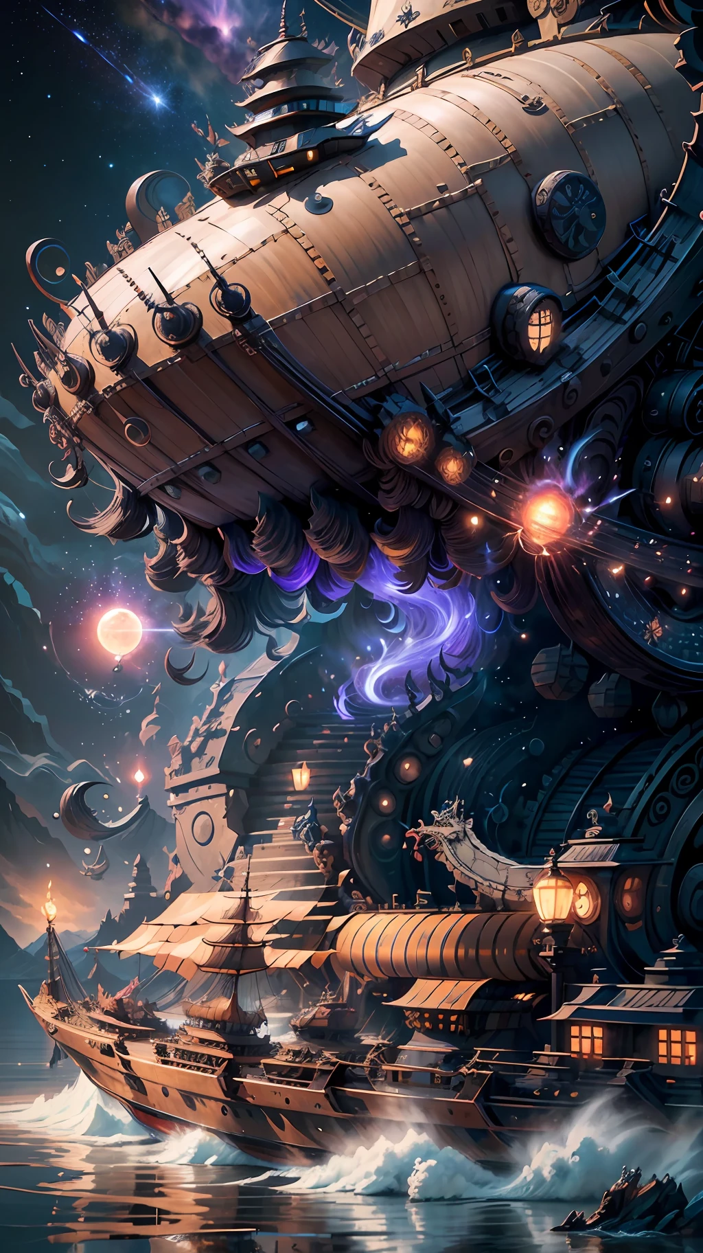 The focal point in the center of the picture is a majestic dragon boat, with a wide hull and graceful lines, and filled with thousands of passengers of all races. Dense nebulae surround the dragon boat, full of mystery and amaze the grandeur of nature. With stunning metallic textures and sparkling milky ways, this painting brings the most dazzling scenes of the universe to life.
In the picture, the vivid dragon at the head of the dragon boat becomes the center of vision, and the unique metal scales shimmer with luster, highlighting its strong vitality. The bright and keen gaze of the dragon head looks far away, which is even more radiant; The tentacles swaying in the wind on the horns are like dragon observers, probing the surrounding environment, giving the viewer a sense of the beauty of the dragon dancing with the universe.
The stars on the left side of the picture move just right to the right, appearing both submissive and respectful, as if to make way for the dragon boat. The Milky Way flashes around the dragon boat like a long sparkling river, suggesting endless cosmic mysteries waiting for passengers to explore.
The hard shell of the hull shows the sense of steadiness and security in the hearts of passengers. In this colorful interstellar journey, it fully embodies the perfect fusion of technology and nature, allowing the ship to navigate the harsh environment.
Dragon boats, brilliant, milky way, nebula, metal, dragon, sparkling. The use of realistic light and shadow processing and strong three-dimensional modeling design highlights the chiaroscuro of the picture, making the whole picture more visually impactful and artistic. --auto --s2