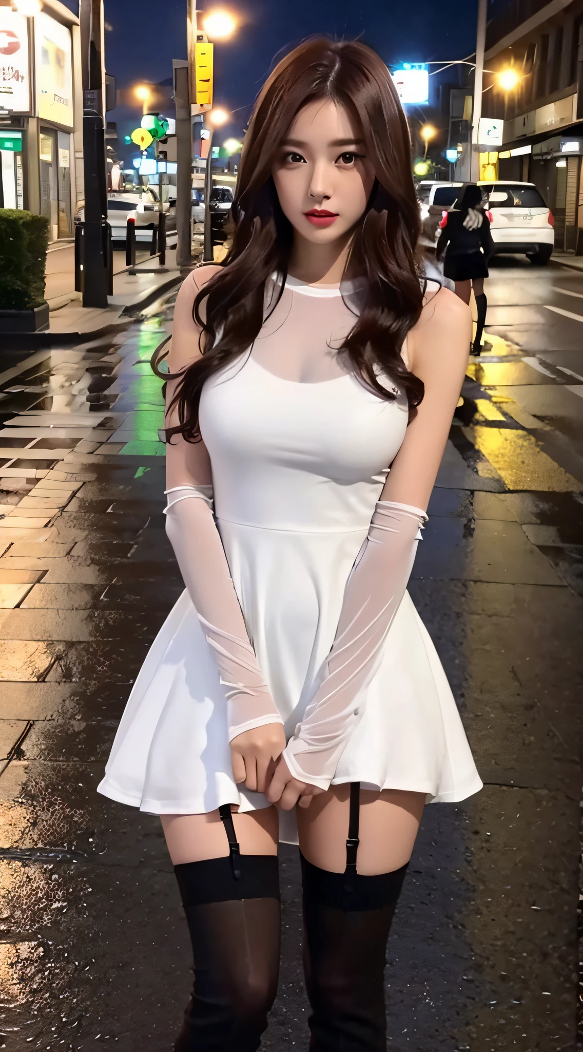 ((Realistic lighting, Best Quality, 8K, Masterpiece: 1.3)), Focus: 1.2, 1girl, Perfect Body Beauty: 1.4, Slim Abs: 1.1, (Big Breasts), ((Dark Brown Hair)), (White Dress: 1.4), (Outdoor, Night: 1.1), City Street, Super Fine Face, Fine Eyes, Double Eyelids, (Over the Knee Black Stockings: 1.5), (Rain Wet: 1.2)