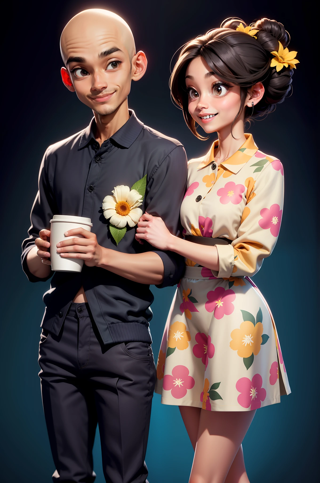 a fashionable couple standing and laughing happily together, each holding a cup of coffee. Their fashion style follows the flower school, the boy's shirt has the same pattern as the girl's pants, and the pattern on the girl's shirt matches the pattern on the boy's pants, high fashion. Girl with a high bun, with a flower in her hair. Manly bald guy, smart, black guy, guy in grey short polo t-shirt, look at a viewer