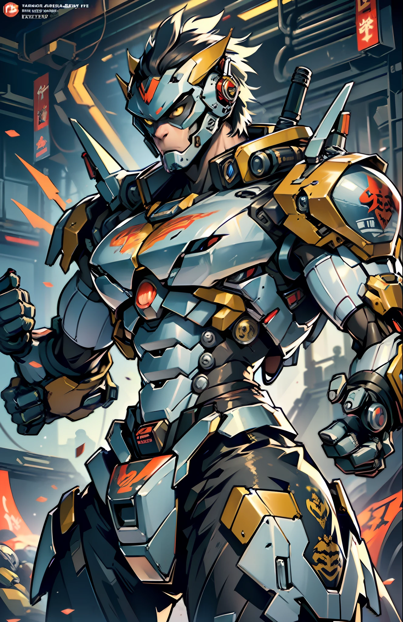 (Mechanized monkey head man, anthropomorphic design, with mecha elements, tattoos engraved all over the body, presenting a fighting stance, fierce and powerful, showing every exquisite detail)