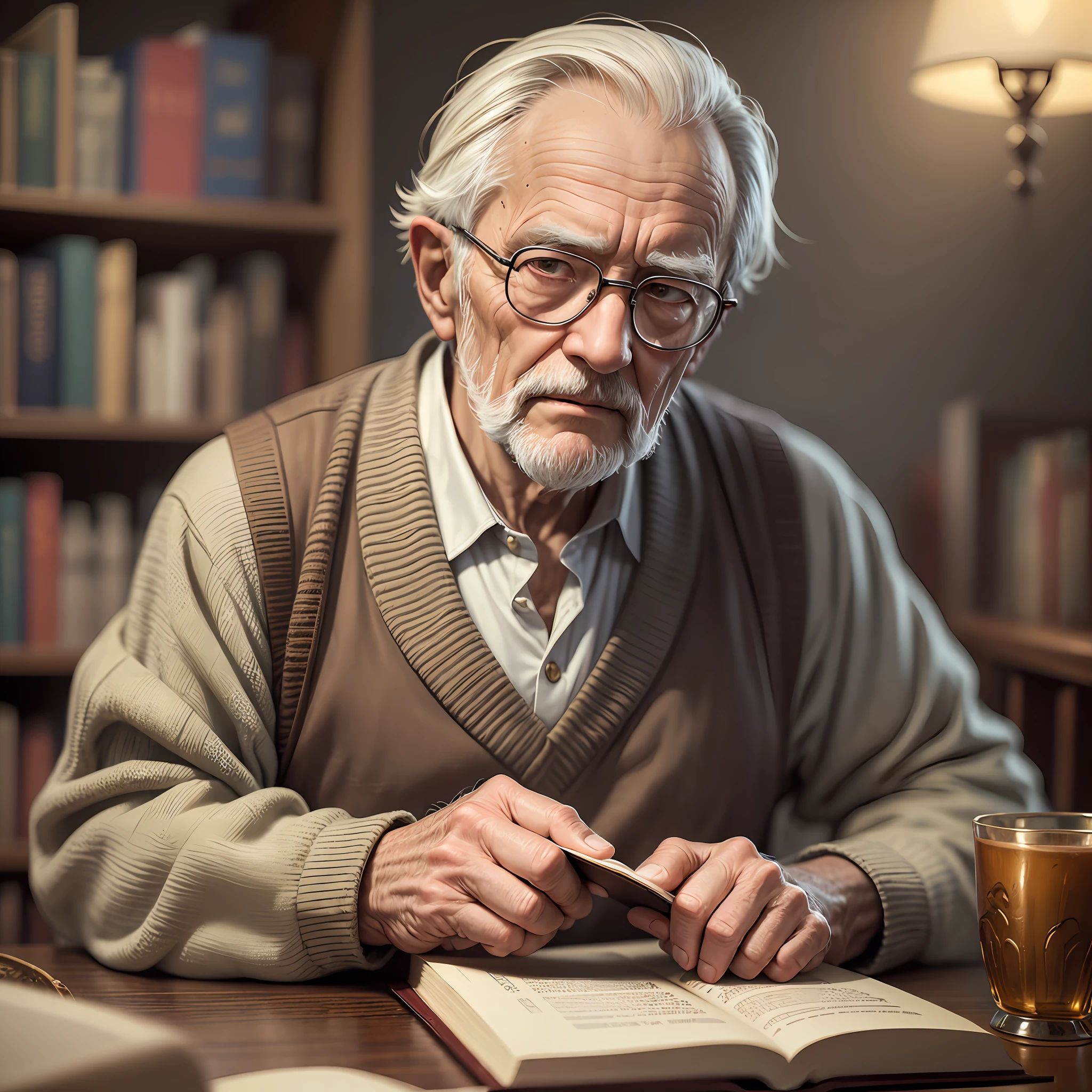 an old man reading an old book, looking forward, twilight light, warm atmosphere, cultured atmosphere, (masterpiece) (perfect proportion) (realistic photo) (best quality) (detailed) (8k) (HDR) (wallpaper) (cinematic lighting) (sharp focus) (intricate) --auto --s2