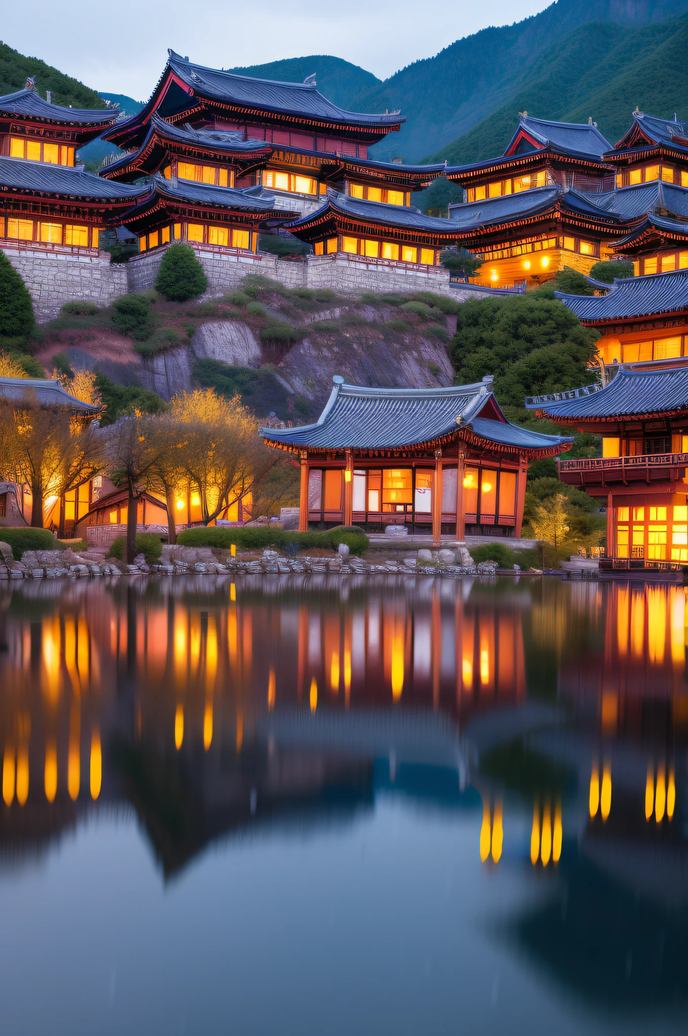 arafed view of a village with a lot of lights on the buildings, dreamy chinese town, chinese village, amazing wallpaper, japanese town, japanese village, hyper realistic photo of a town, old asian village, japanese city, by Raymond Han, rainy evening, cyberpunk chinese ancient castle, beautifully lit buildings, at evening during rain, beautiful and aesthetic, photography, cinematic, 8k, high detailed ((Heavy rain)))