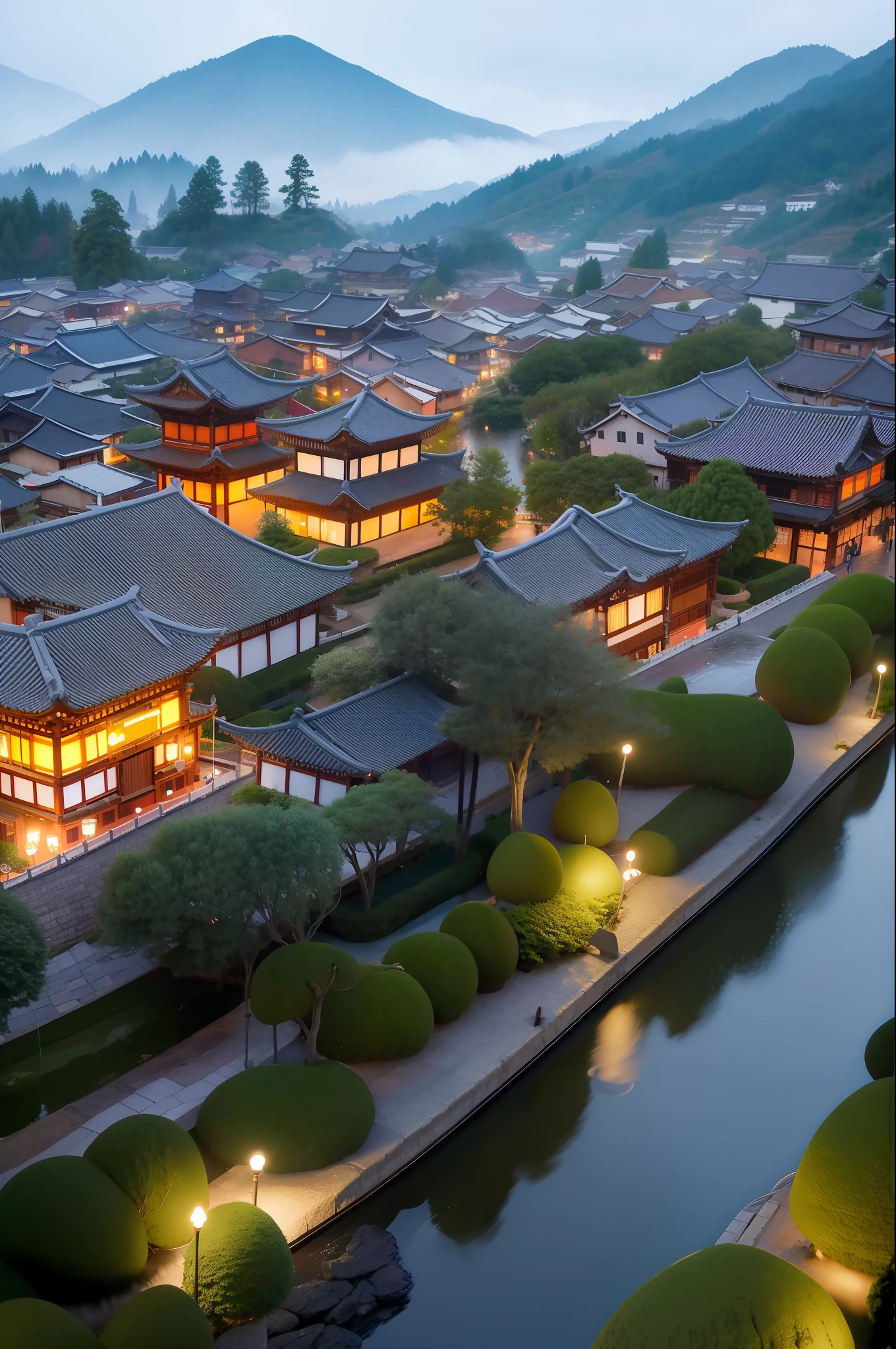 arafed view of a village with a lot of lights on the buildings, dreamy chinese town, chinese village, amazing wallpaper, japanese town, japanese village, hyper realistic photo of a town, old asian village, japanese city, by Raymond Han, rainy evening, cyberpunk chinese ancient castle, beautifully lit buildings, at evening during rain, beautiful and aesthetic, photography, cinematic, 8k, high detailed ((Heavy rain)))