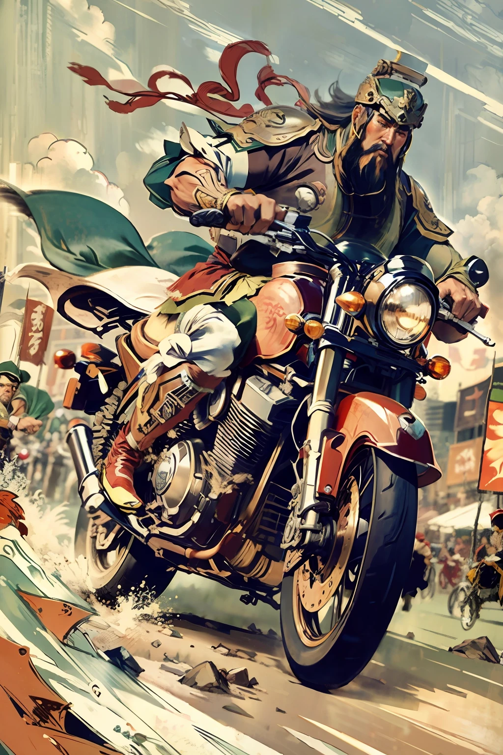 Comic style, HD quality, full body, perfect face, (eyes), Guan Yu, riding a red motorcycle, motorcycle,