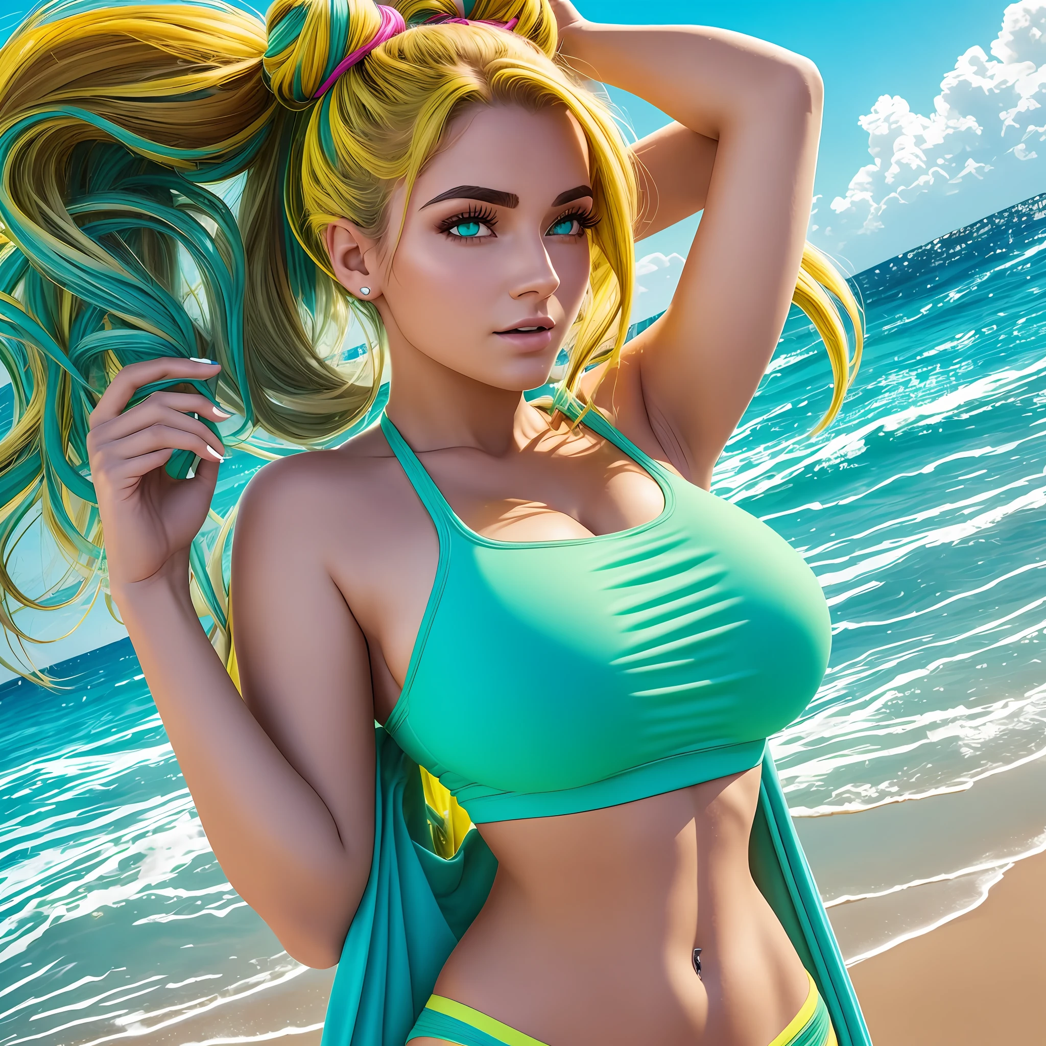 Full retro body of a 25-year-old woman, clutching her hair with two buns, large breasts and large butt, wearing a bright green and yellow sweatshirt with the closure open, revealing part of her breasts and abdomen, wearing only the bottom of a bikini, the bottom of the bikini is very intense turquoise, With a beach background, hyper-realistic, 8K resolution, cinematic lighting, highly detailed face features --auto --s2