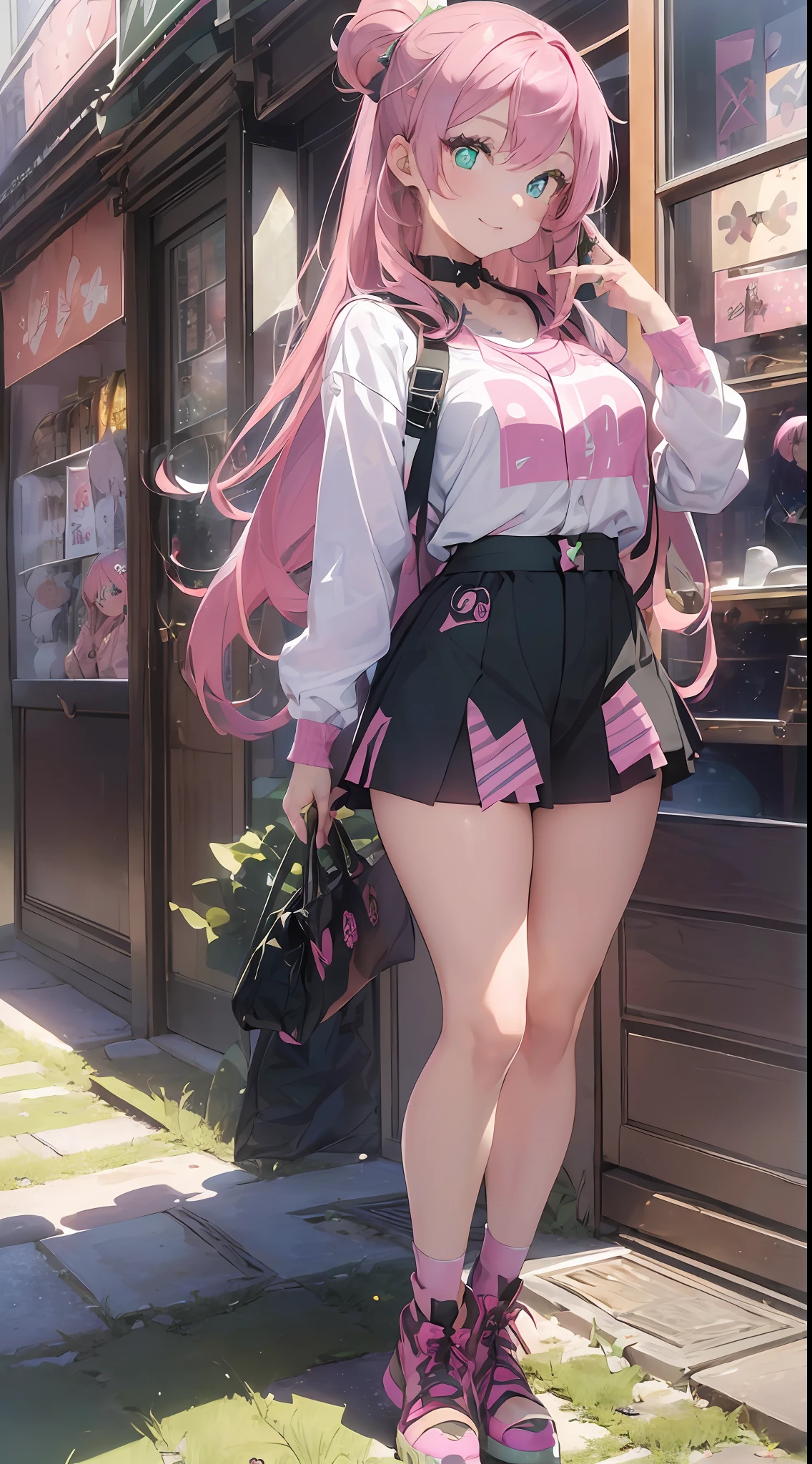 ((Selfie)) (((Masterpiece)),Full Body,Wide Shot,Full Body Shot
(1 girl) ((pink hair, long hair, straight hair, both sides up ,green eyes)), eyeshadow, eyeliner, glowing eyes, complex eyes, beautiful eyes, ((star-shaped pupils, shining pink pupils)) 18 year old girl, smiling, wearing a ray-ban (Harajuku)