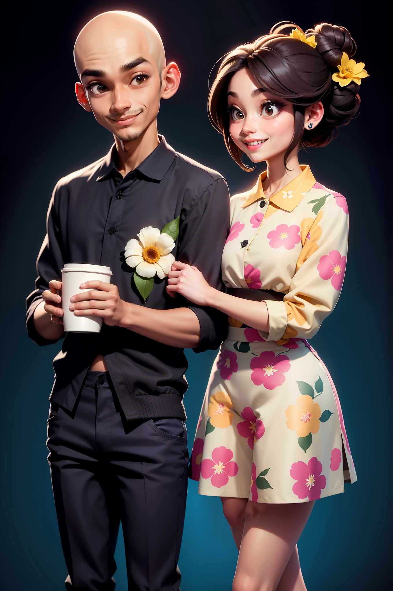a fashionable couple standing and laughing happily together, each holding a cup of coffee. Their fashion style follows the flower school, the boy's shirt has the same pattern as the girl's pants, and the pattern on the girl's shirt matches the pattern on the boy's pants, high fashion. Girl with high bun, with a flower in her hair. Manly bald guy, smart, black guy, guy in polo tshirt
