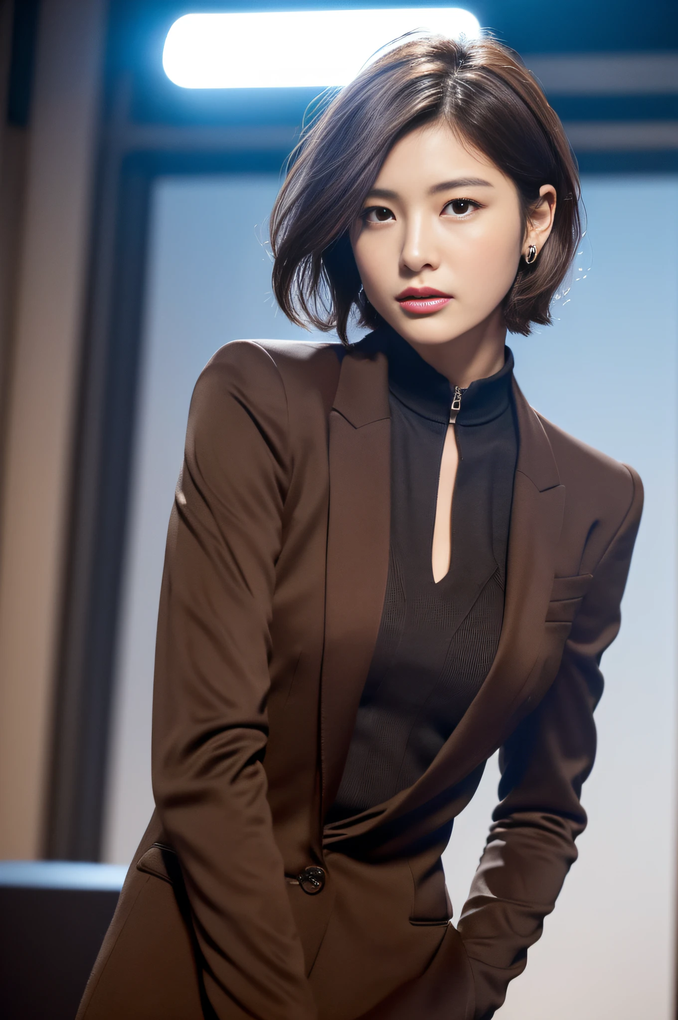 ((Realistic lighting, Best quality, 8K, Masterpiece: 1.3)), Clear focus: 1.2, 1girl, Perfect body beauty: 1.4, ((Dark brown hair, short hair)), (JK suit: 1.4), (In the live room: 1.8), Super fine face, fine eyes, face with high cold