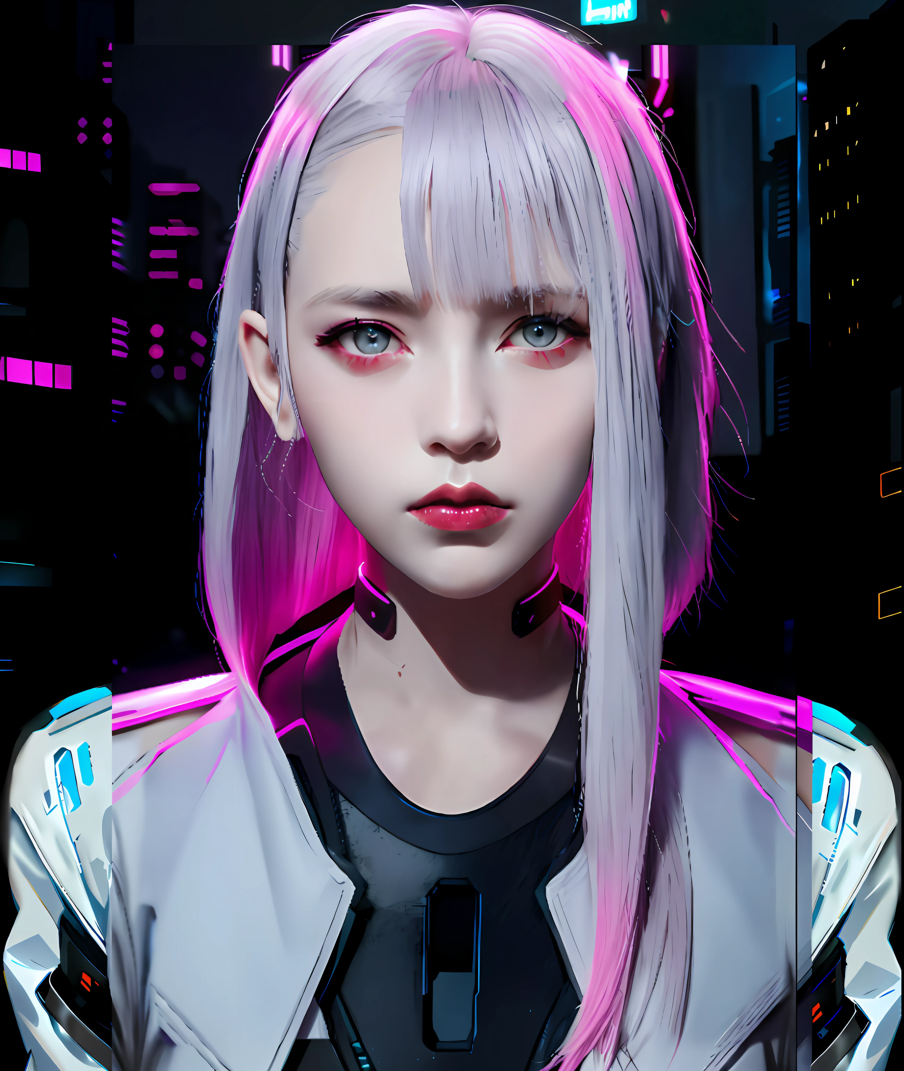 Silver hair with soft pink glow, in the curve of the hair has a light black shadow to stand out from the scenery, well done hair, distant buildings in the background cyberpunk style