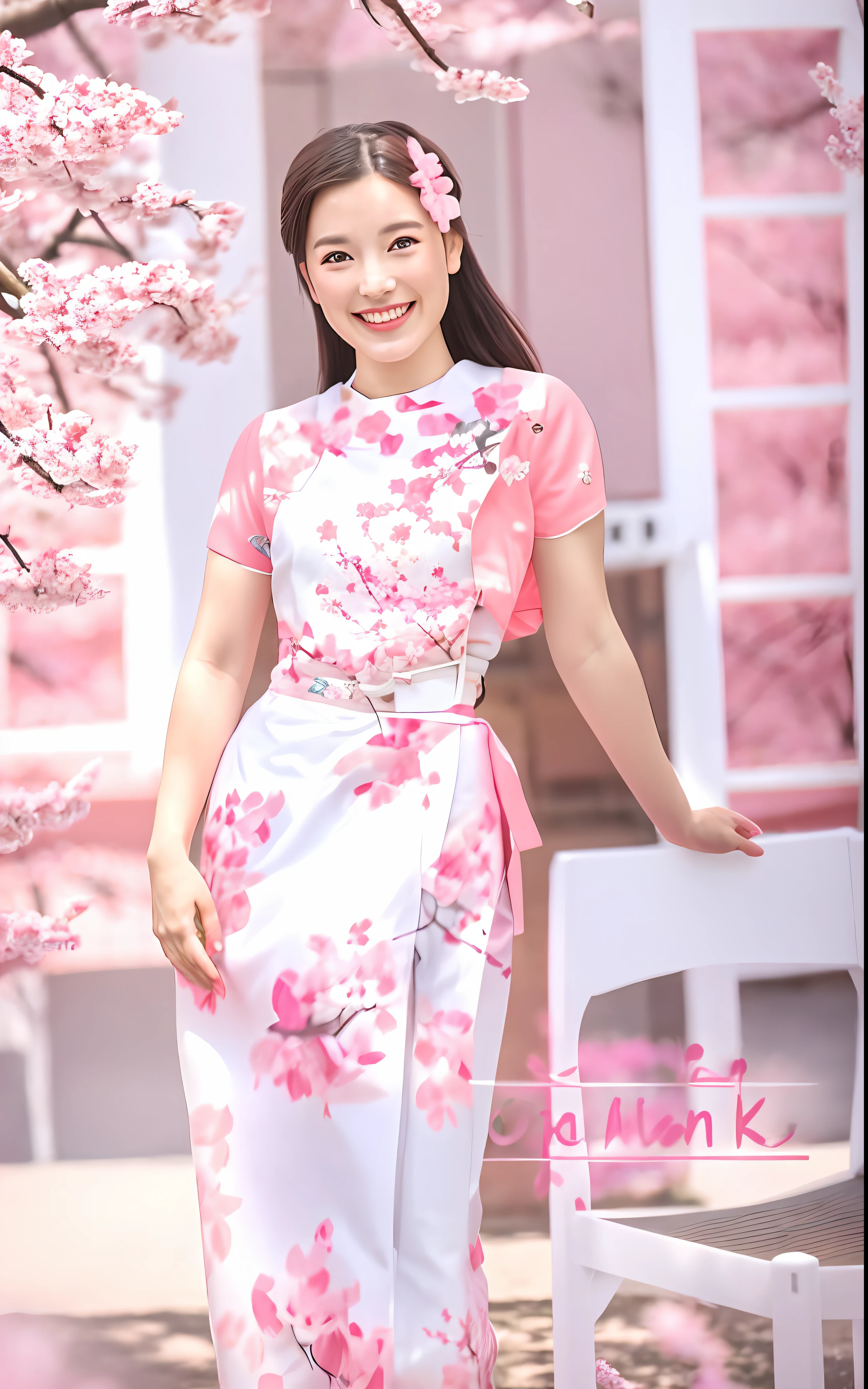 A smiling pretty girl under a Sakura tree, wearing a Kimono