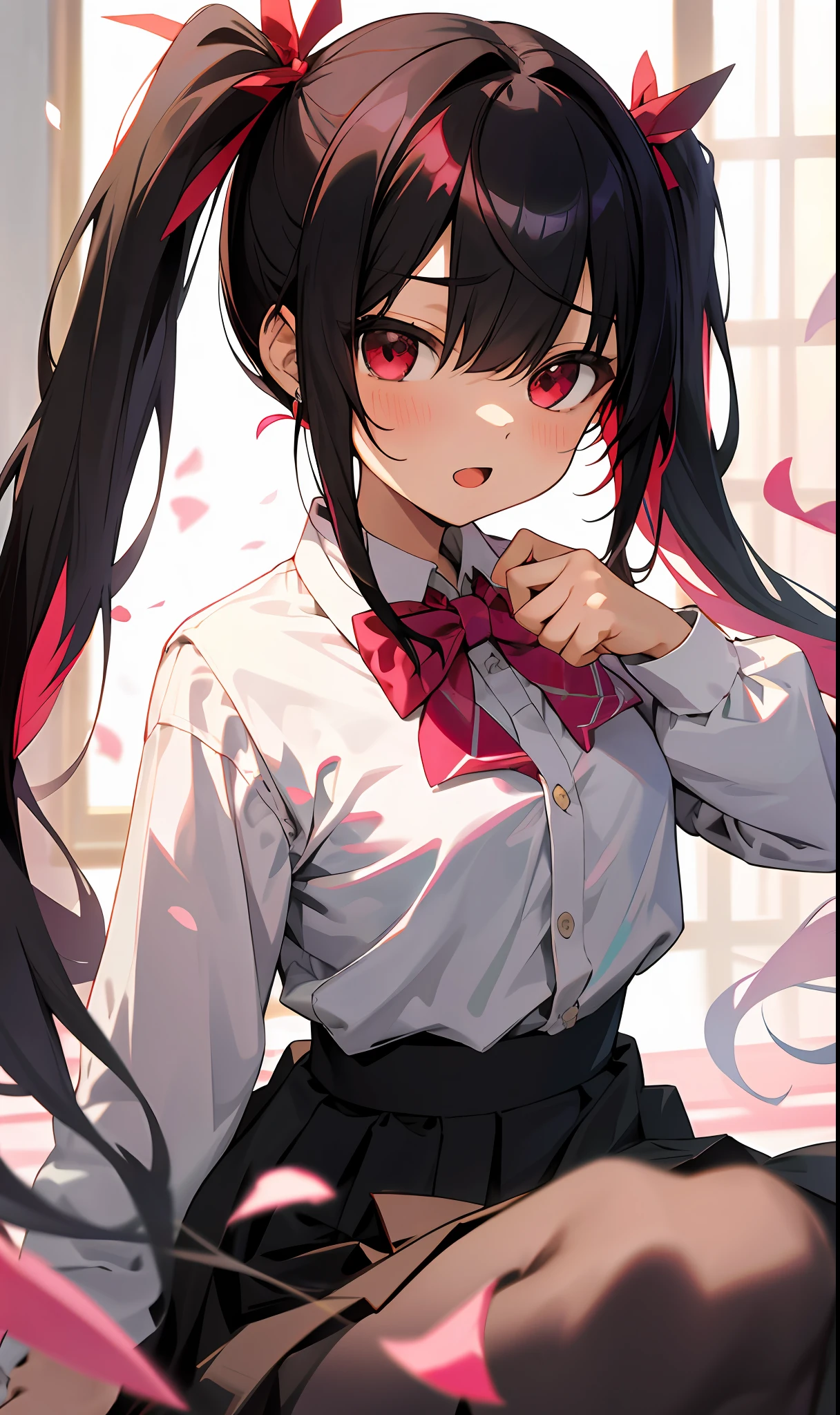 mihari, onimai, (masterpiece, best quality),a girl, solo, twintails, shirt, skirt, petals, bowtie, earrings, jewelry, bangs, black hair, hair ornament, hair ribbon, red ribbon, red eyes, long hair, open mouth, white shirt, multicolored hair, black skirt, red hair, long sleeves, pink bowtie, hair between eyes, looking at viewer, collared shirt, upper body, hand up, falling petals, depth of field, strong bloom, indoors