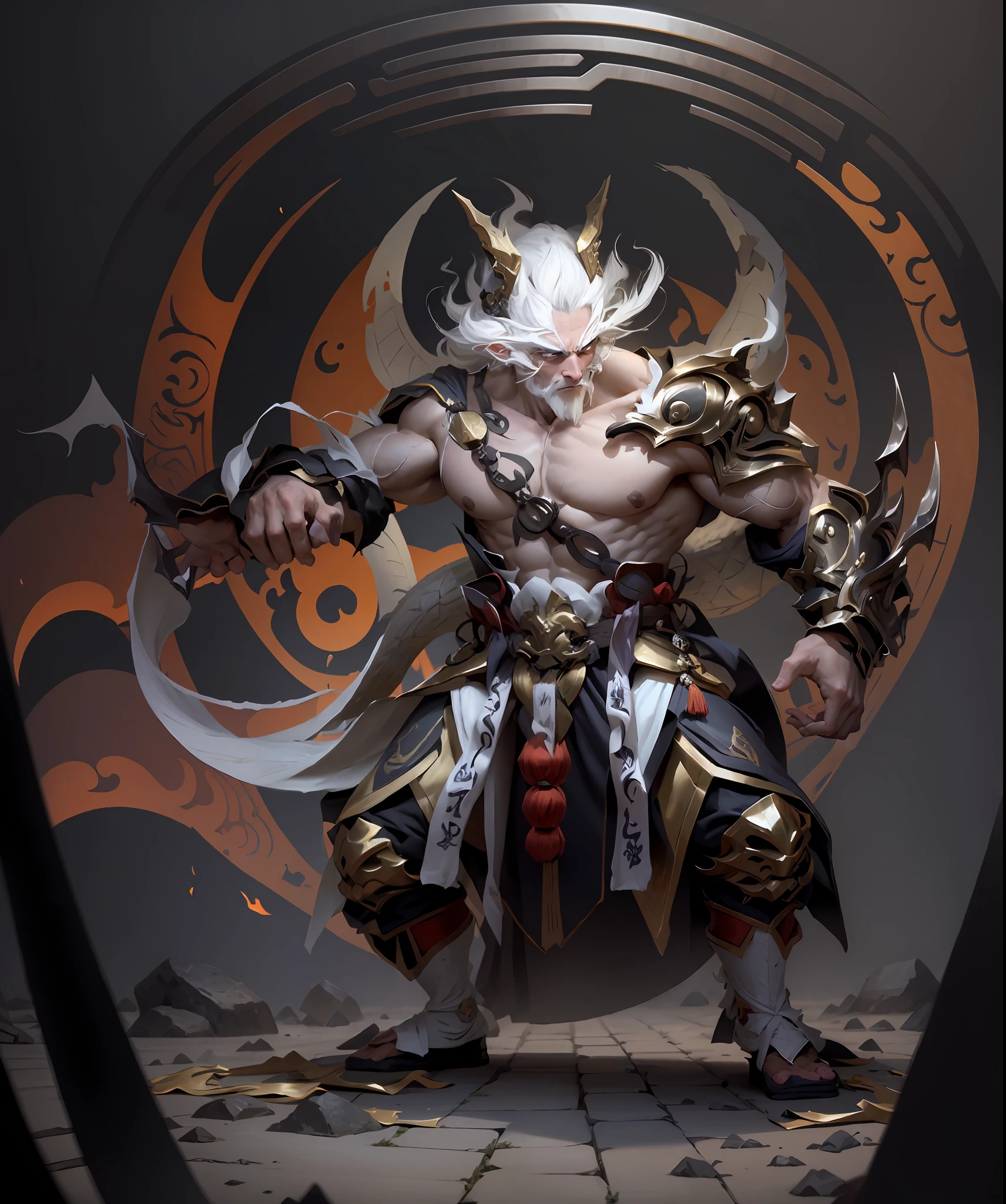 Incomparably strong male, messy white hair, Chinese armor, Taoist priests, dragon men, runes, well-defined bodies,