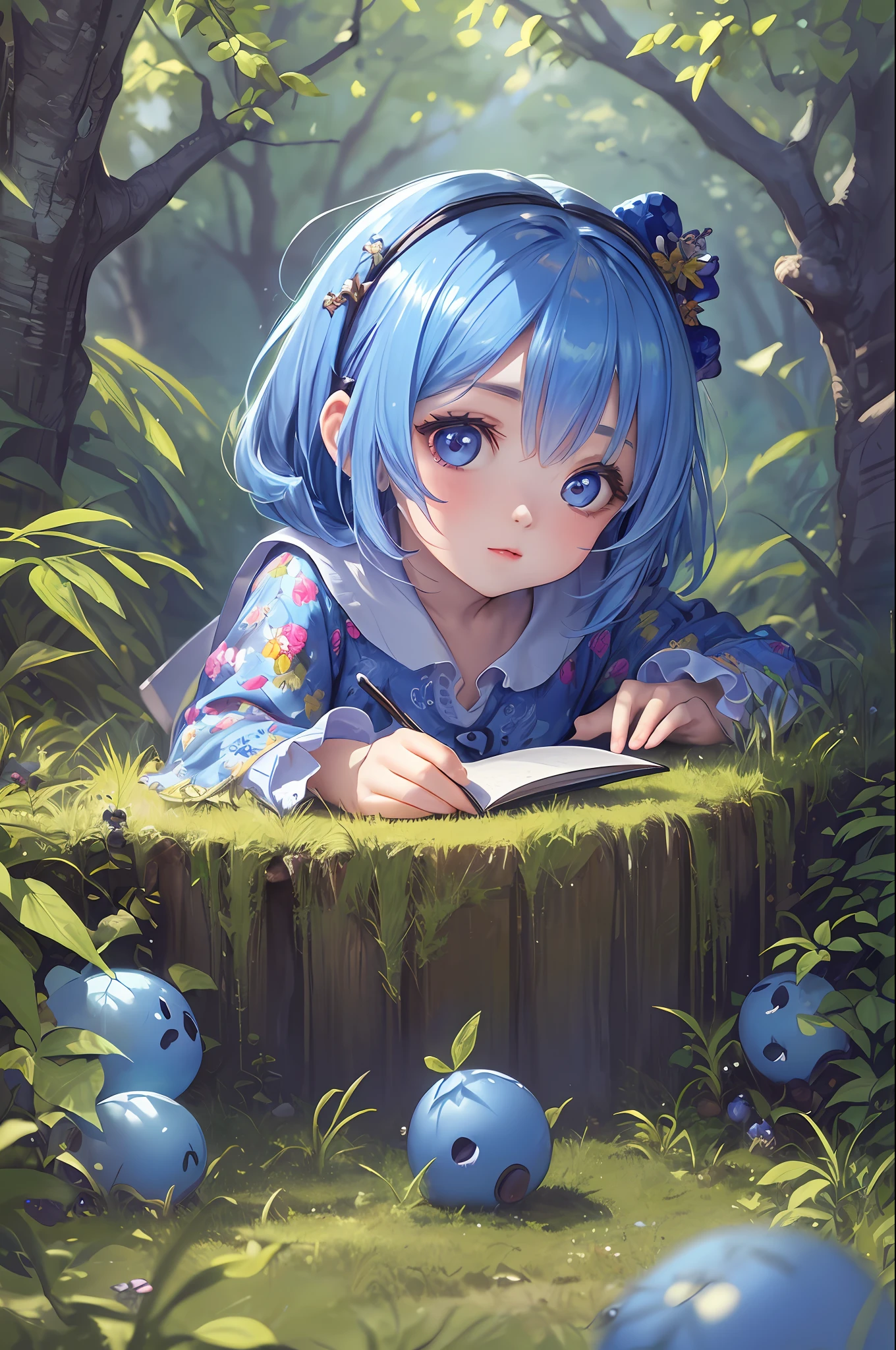 ( Absurd , High quality , ultra detailed, masterpiece, concept art, smooth, highly detailed artwork, hyper realistic painting )  , blueberry bookworm character  , blue hair , cute , whole body , Romantic , Vivid , blueberry outdoor background