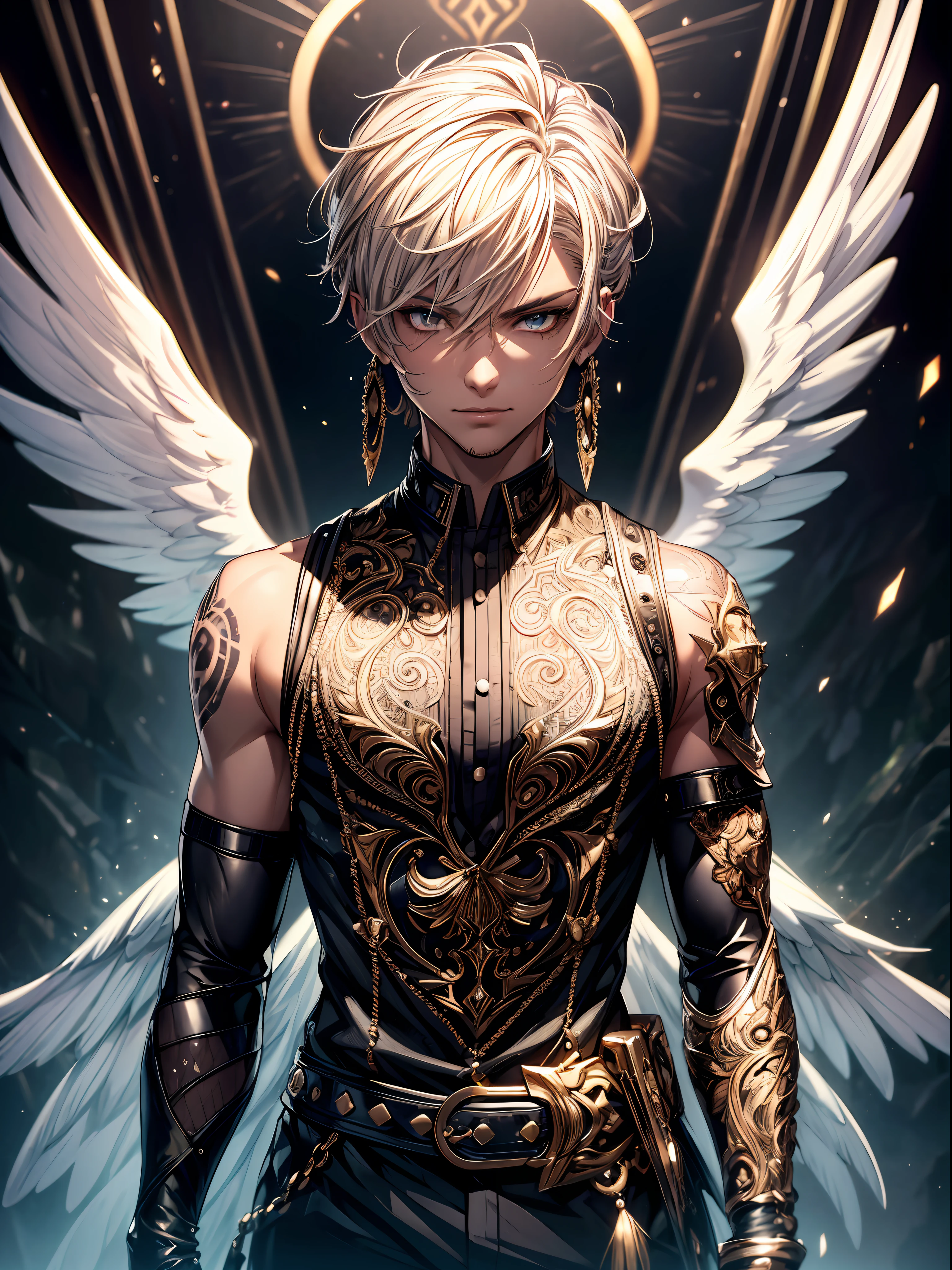 ((Best quality)), ((masterpiece)), ((highly intricate details)),beautiful, high quality, highres, absurdres, light difussion, intricate details, complex details, ((anime)), (anime:1.2) , (perfect face:1.3), extreme detailed eyes, colorful, highest detailed, vibrant colors, high contrast, (8K UHD:1.2), (photorealistic:1.2),(masterpiece:1.4), (best quality:1.4),extremely detailed wallpaper, highly detailed illustrations, (1 Boy), (best lighting) , (super-complex details) , 4K unified, (super-detailed CG: 1.2) , (8K: 1.2),(original), (masterpiece) , (best quality) , (reality: 1.3) , photorealistic, Octane rendering, (surreal: 1.2) , (solo), webtoons art, semi-realistic art, halfbody, male, attractive male, handsome, adult, ikemen, ((semi-realistic sharp narrow ikemen eyes)), cool, lean-built, ((brown skin)), (brown eyes), (gold halo), gold white angel wings, (piercings), accessories, black gold belt, gold cross necklace, (seductive smile), short stylish side-swept cool disheveled platinum-blonde light-yellow hair, detailed embellished white gold black vest shirt fantasy coat, (black tattoos), glossy hair, (detailed eyes), chromatic aberration, iridescent, luminescent, (masterpiece), best quality, highest quality, (absurdres), detailed, ultra-detailed, hyper-detailed, light particles, (high sharpness), ultra detailed textures, (8k), (HD), glaze, hungry clicker, high up in the sky, clouds, face-centered, face focus,