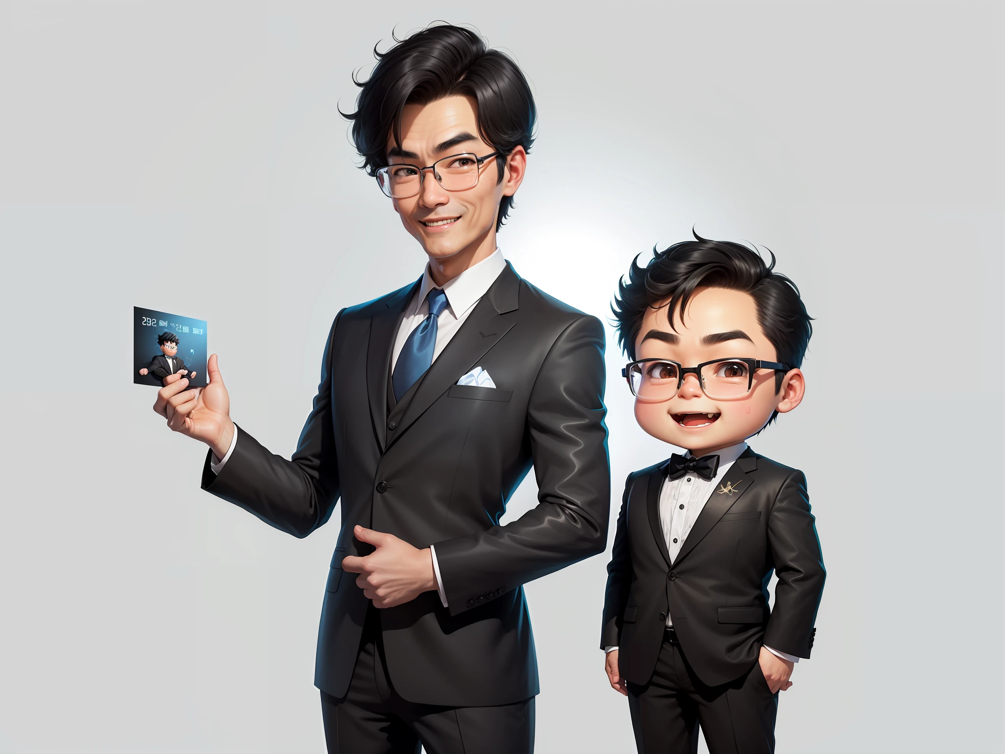 (Masterpiece), (Excellent), (Super Meticulous), (Full Body: 1.2), 1girl, Chibi, Cute, Smile, Open Mouth, Taiwanese middle-aged uncle male portrait, extremely detailed face, black hair, (super short hair) middle-aged handsome uncle, Taiwanese man, silver glasses, slightly chubby face, very clean face, black super short hair, black eyes, black suit, blue tie, confident smile, digital painting, film, character design of Mark Laydon and Pixar and Hayao Miyazaki, the illustration is a high-definition illustration in 4K resolution, With very detailed facial features and cartoon-style visuals.