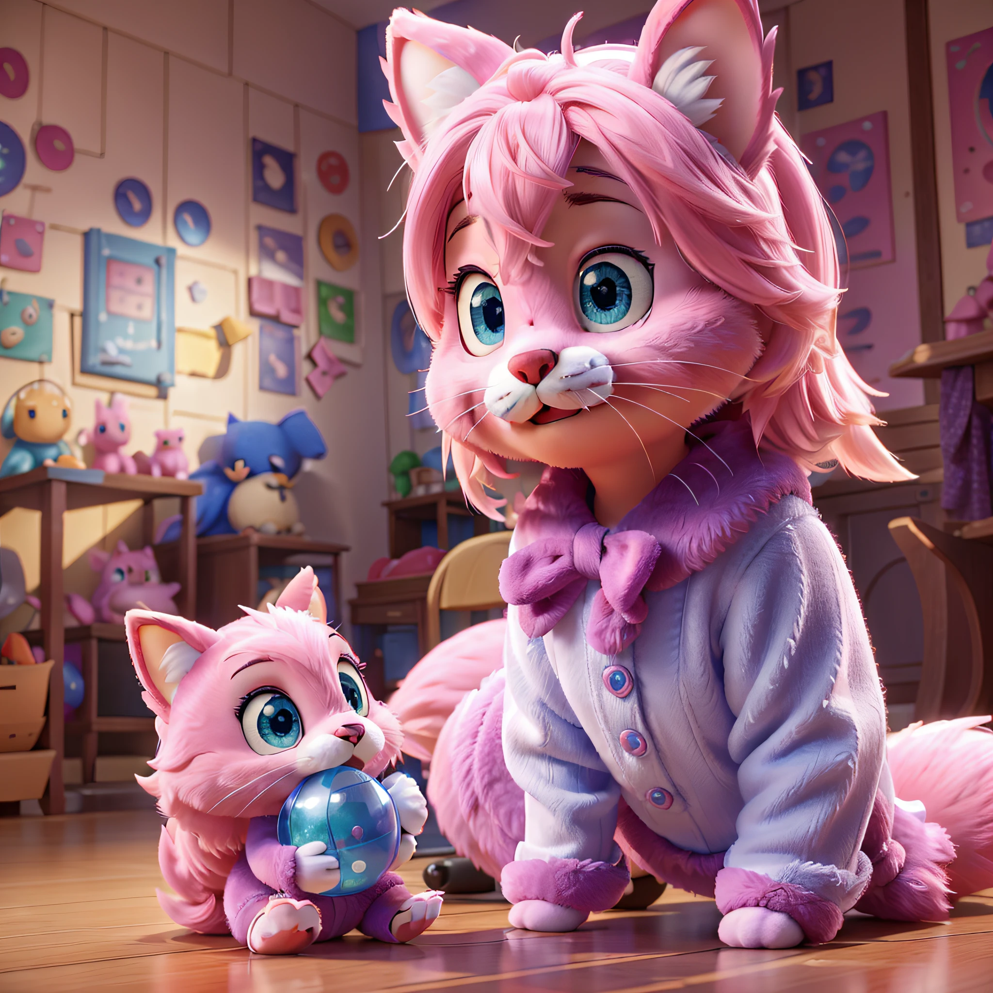 There is a pink stuffed animal, big blue eyes, Disney's Reinabelle, pink fox, cute Fumo stuffed fox girl with pink fur, Disney stylized furry, plush mascot, pink iconic characters, 3D precious moments stuffed cat, kemonomimi, very pretty and cute, rabbit with pink fur, fur, furry characters, ((best quality)), ((masterpiece)), (Very detailed: 1.3), ((LinaBell: 1.3)), ((Disney)), HDR (High Dynamic Range), Ray Tracing, NVIDIA RTX, Super Resolution, Subsurface Scattering, Post-processing, Anisotropic Filtering, Depth of Field, Maximum Sharpness and Sharpness, Multi-layer Textures, Albedo and Highlight Mapping, Surface Shading, Accurate Simulation of Light-Material Interactions, Perfect Proportions, Octane Rendering, Two-tone Lighting, Low ISO, White Balance, Rule of Thirds, Wide aperture, 8K RAW, high efficiency sub-pixel, subpixel convolution, luminescent particles, light scattering, Tyndall effect