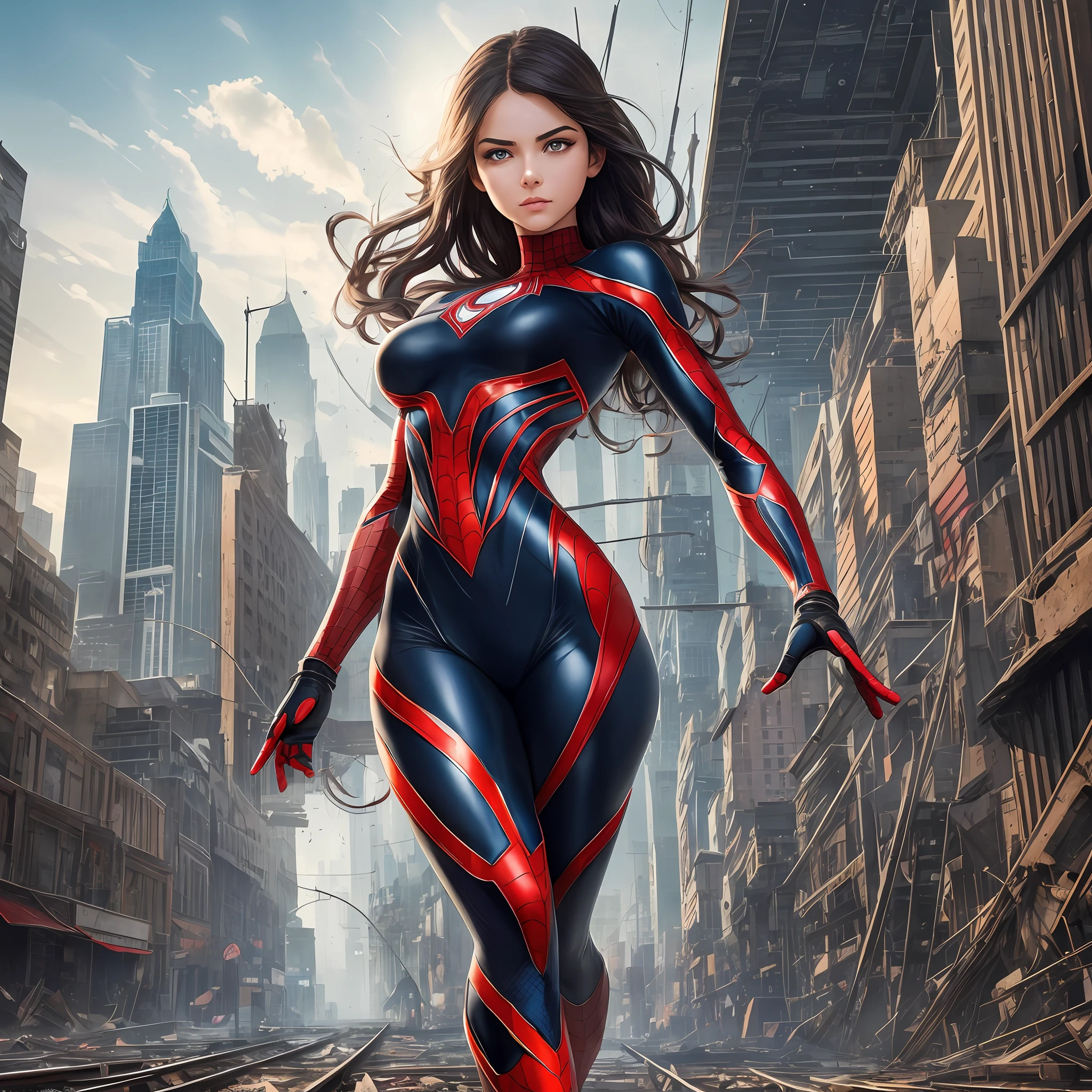 (1girl:1.3), solo, (((extremely detailed face))),(((extremely detailed eyes and face))),beautiful detailed eyes,body-parts__, official art, unified 8k wallpaper, super detailed, beautiful and aesthetic, beautiful, masterpiece, best quality, raw, masterpiece, super fine photo, best quality, super high resolution, photorealistic realism, sunlight, full body portrait, amazing beauty,, dynamic pose, delicate face, vibrant eyes, (from the front), she is wearing a Spider-man suit, red and black color scheme, spider, very detailed abandoned warehouse background, Detailed face, detailed complex busy background, messy, gorgeous, milky white, highly detailed skin, realistic skin details, visible pores, sharp focus, volumetric fog, 8k uhd, DSLR, high quality, film grain, fair skin, photo realism, lomography, huge metropolis in future dystopia, seen from below, translucent --auto --s2