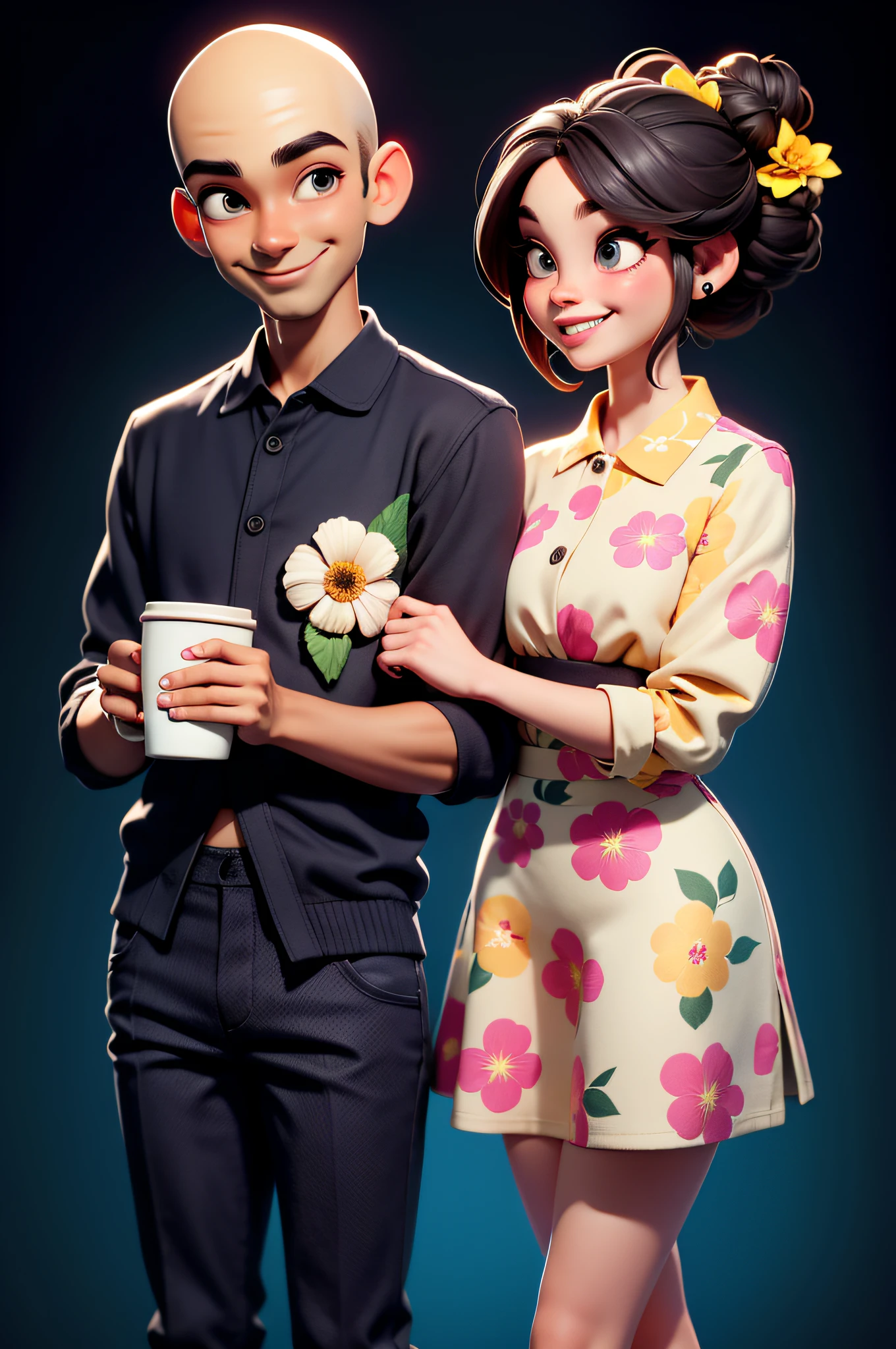 a fashionable couple standing and laughing happily together, each holding a cup of coffee. Their fashion style follows the flower school, the boy's shirt has the same pattern as the girl's pants, and the pattern on the girl's shirt matches the pattern on the boy's pants, high fashion. Girl with high bun, with a flower in her hair. Manly bald guy, smart, black guy, guy in polo tshirt