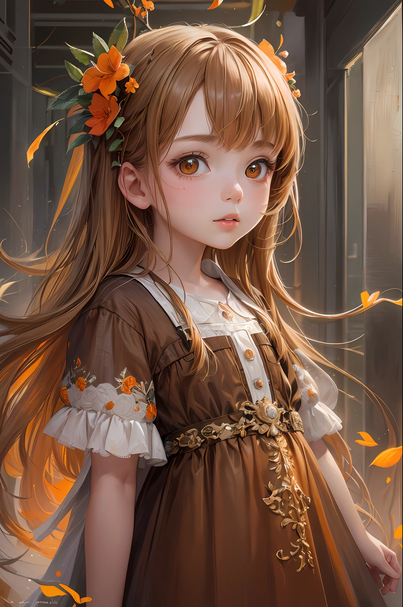( Absurd , High quality , ultra detailed, masterpiece, concept art, smooth, highly detailed artwork, hyper realistic painting ) girl, Dreamy , Romantic , Vivid, girl , orange , orange blossom character, cute , whole body ,