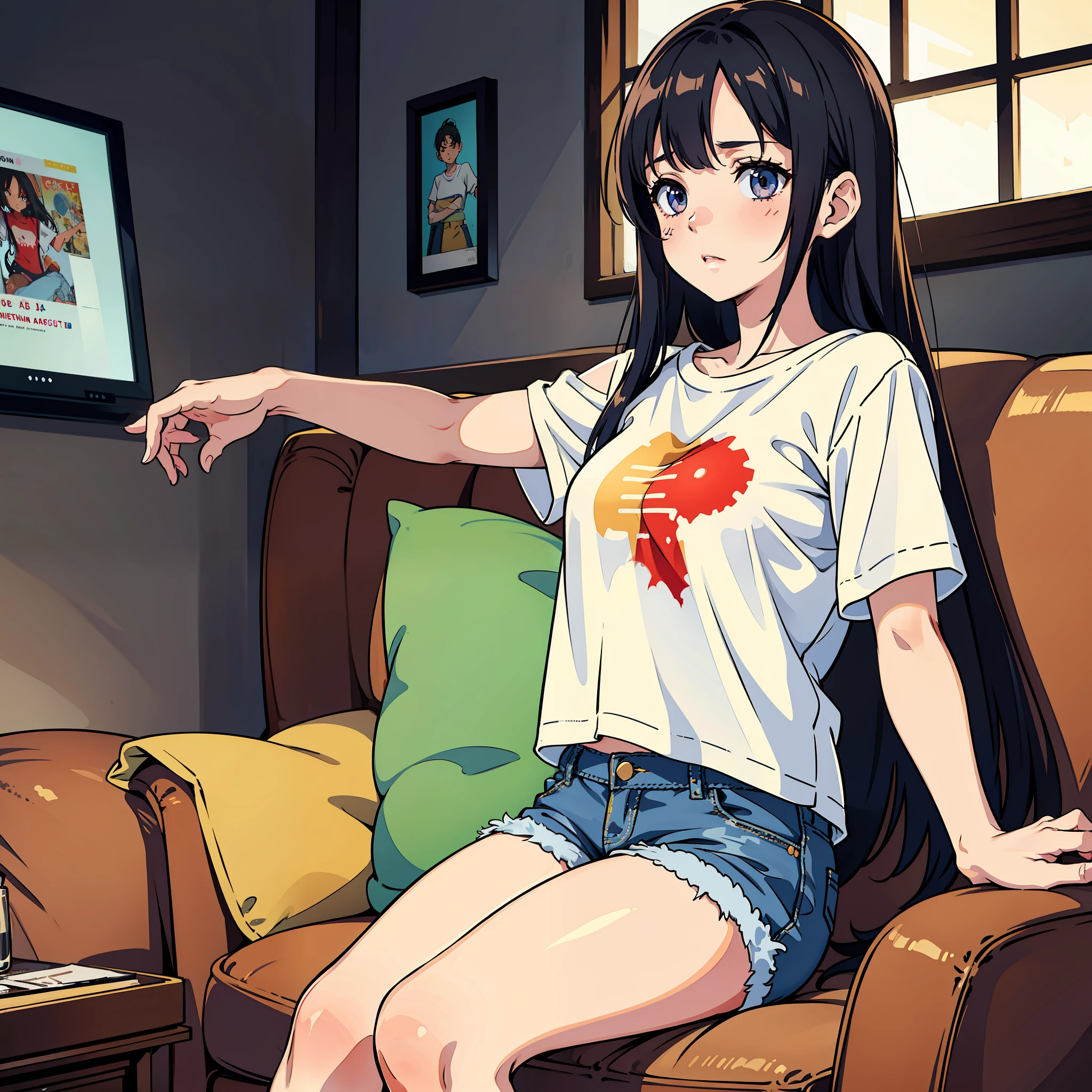 A woman, (with obvious scars)), wearing a white T-shirt, denim shorts, living room, looked flustered, with injuries on her face