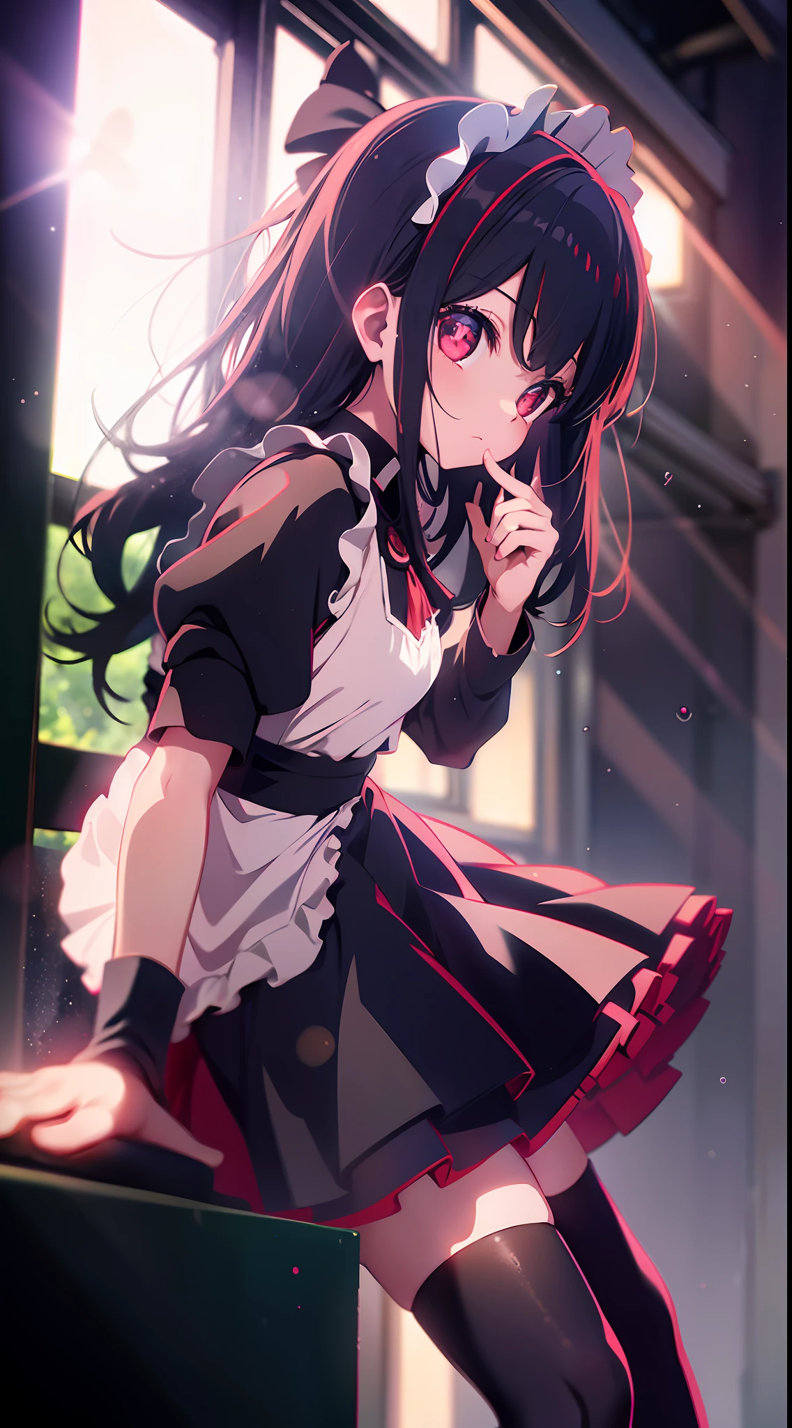 Fresh, anime, after the rain, playful cute maid, loli, red eyes, glowing eyes, black stockings, backlight, glow, look to the audience, low angle lens, look up lens, perfect composition, perfect light and shadow delicate, 8k