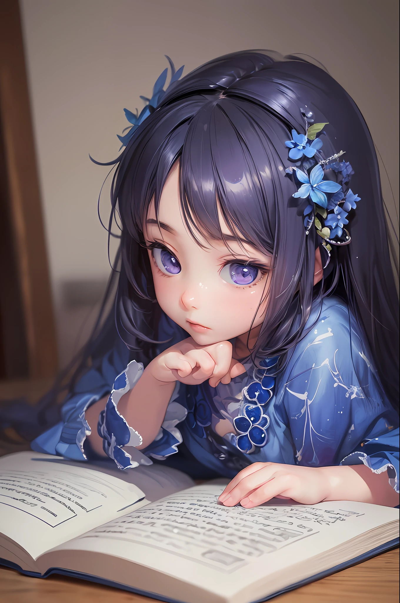 ( Absurd , High quality , ultra detailed, masterpiece, concept art, smooth, highly detailed artwork, hyper realistic painting )  girl, Dreamy , Romantic , Vivid, girl , blueberry , blueberry character, bookworm, cute , whole body ,