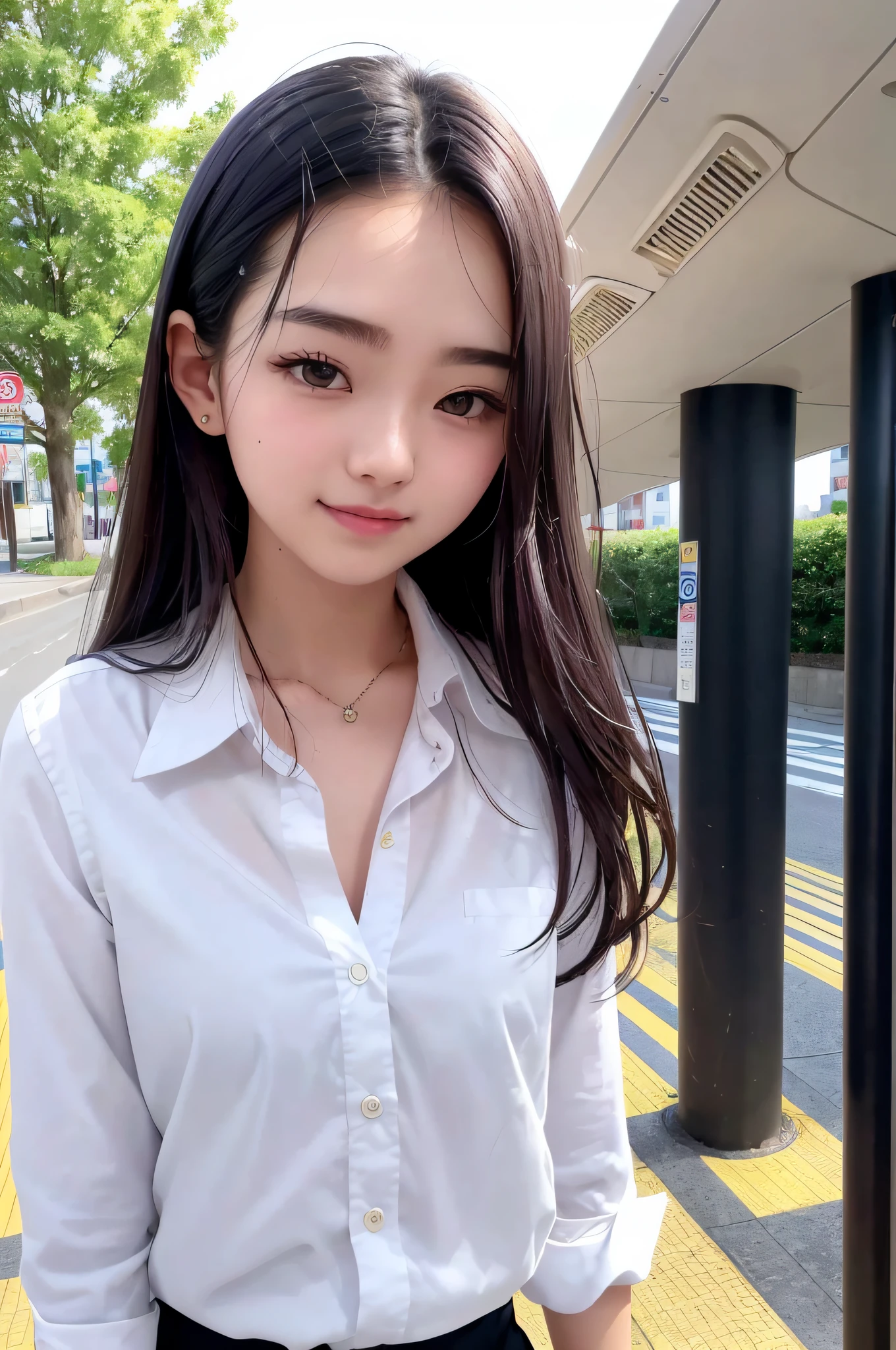 RAW, analog style, delicate, best quality, hyper detail, finely detailed, intricate details, colorful, (perfect body, perfect face), (a beautiful 18 age years old cute Korean girl:1.3), soft lips, (light eyebrow:1.4),1 girl, 18 yo, solo focus, skinny, pale skin, soft lips, (light eyebrow:1.4),shiny brown eyes, black long hair, hair clip, small breasts, beautiful detailed sky, floating hair, (nose blush), beautiful detailed eyes, office lady, suits, white shirt, black miniskirt, black heels\\ street, subway station, shop border,tree,r cloudy, smile,