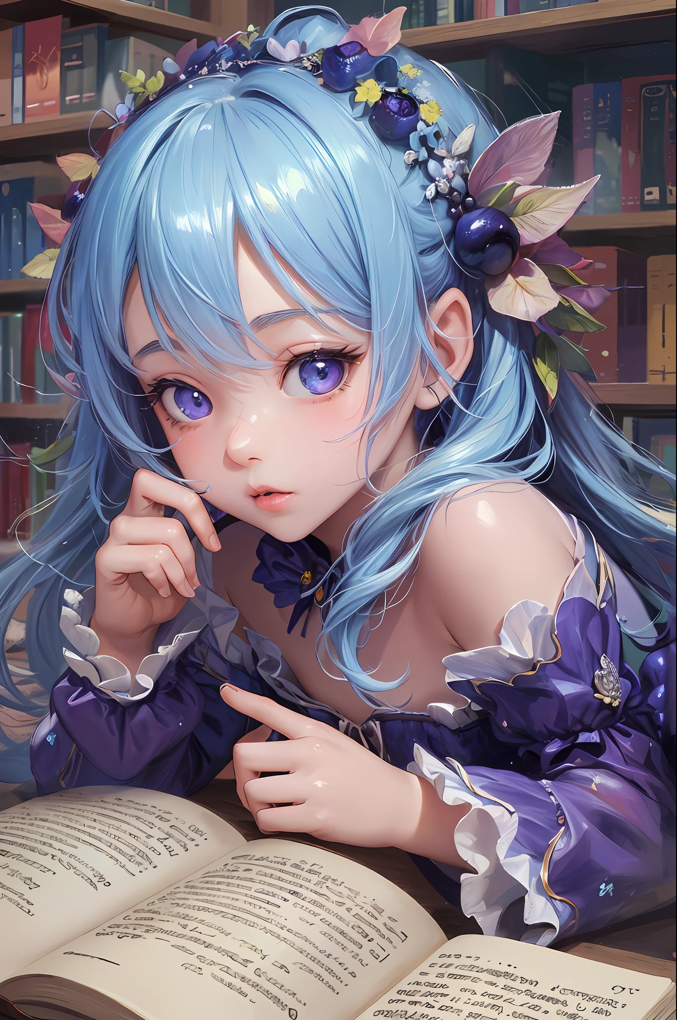 ( Absurd , High quality , ultra detailed, masterpiece, concept art, smooth, highly detailed artwork, hyper realistic painting ) , Dreamy , Romantic , Vivid, girl , blueberry , blueberry character, bookworm, cute , whole body ,