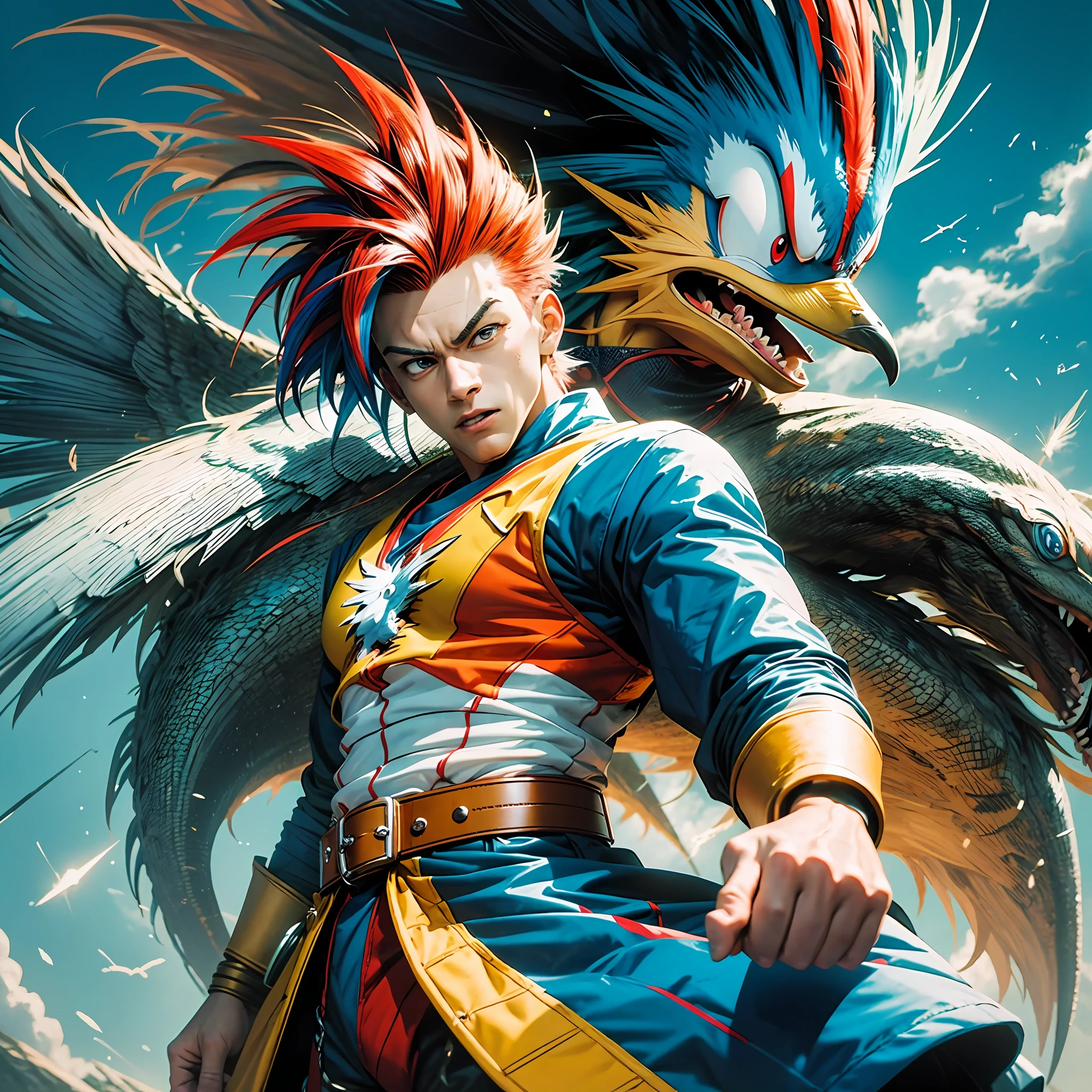 "An anime version of Woody Woodpecker with a style inspired by classic 90s anime such as 'Dragon Ball Z' and 'Yu Yu Hakusho'. Woody Woodpecker is portrayed as an energetic and charismatic character with vibrant feathers and an exaggerated hairstyle. He is in a dynamic pose, with expressive facial expressions. The backdrop is a vibrant and colorful forest with tall trees and blue sky. --Air 16:9 --S 800 --C 8 --V 5 --auto --s2