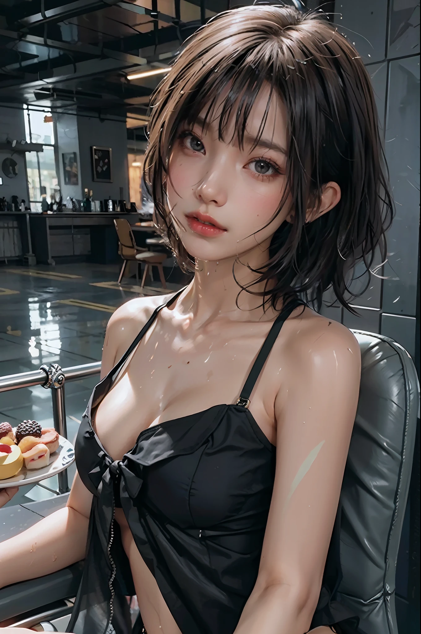 Top quality, masterpiece, ultra high definition, (photoreal: 1.4), raw photo, one girl, off-shoulder, movie lighting, ponytail, black slit long dress, thighs, (heavy rain, fog, wet, underwear), cyberpunk, nightclub entrance, neon, see-through, woman with toys between her legs, squirming with remote control, crotch dripping with bewitching love juice, Coated underwear and inner thighs. She blushed and looked at me,