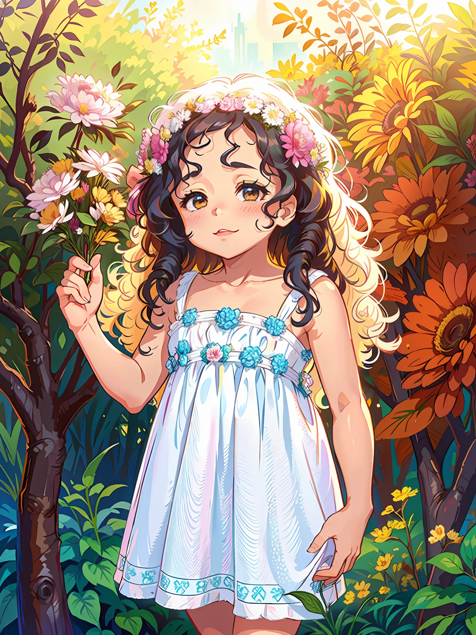 HD, (Best Detail) (Best Quality), Meticulous Facial Features, Alafeld Little Girl with Curly Hair Standing in front of the bushes, (Bouquet: 1.3), (Zentangle: 1.2), (Geometry: 1.2), (Color)