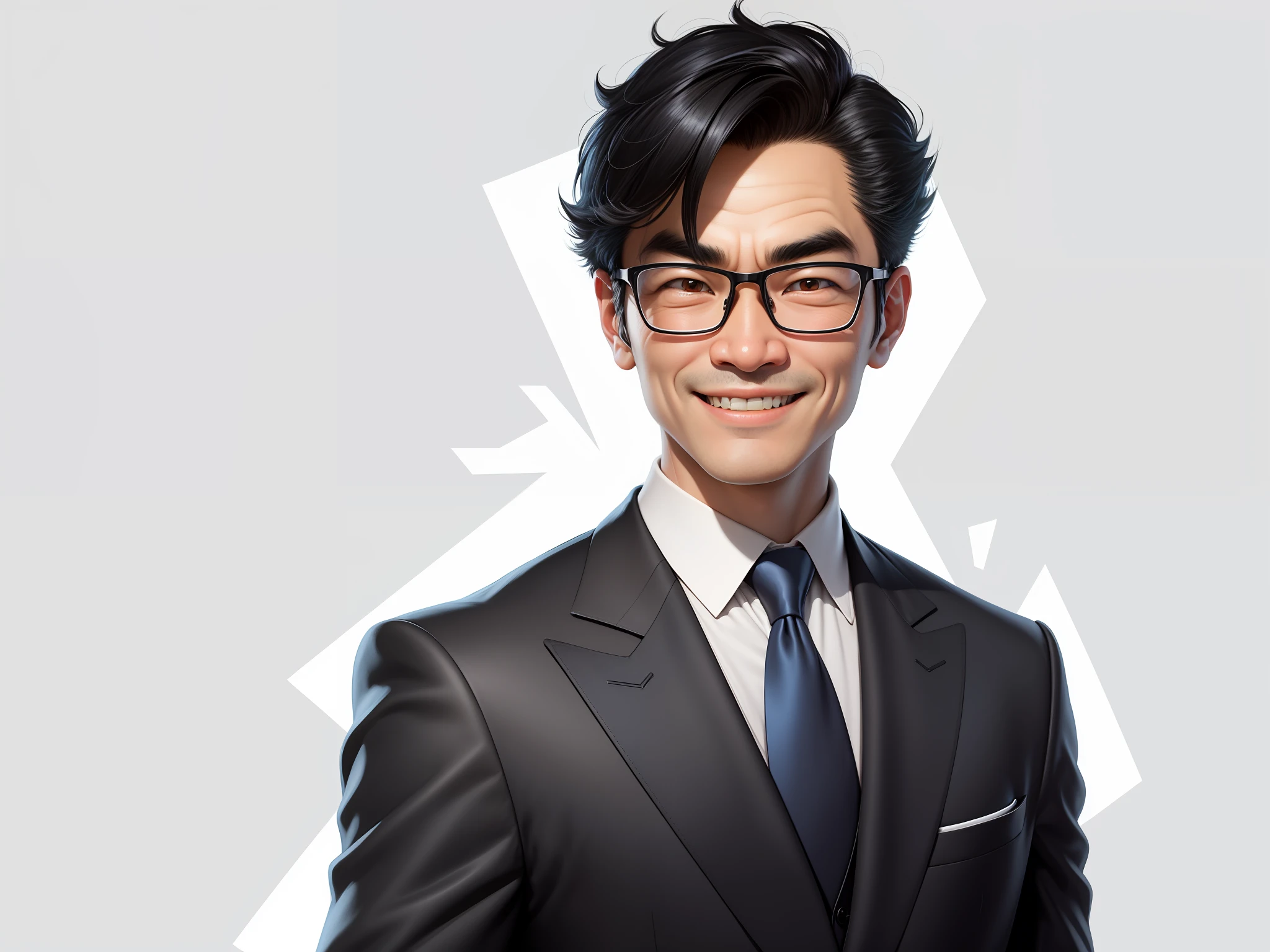 (Masterpiece), (Excellent), (Super Meticulous), (Full Body: 1.2), 1girl, Chibi, Cute, Smile, Open Mouth, Taiwanese middle-aged uncle male portrait, extremely detailed face, black hair, (super short hair) middle-aged handsome uncle, Taiwanese man, silver glasses, slightly chubby face, very clean face, black super short hair, black eyes, black suit, blue tie, confident smile, digital painting, film, character design of Mark Laydon and Pixar and Hayao Miyazaki, the illustration is a high-definition illustration in 4K resolution, With very detailed facial features and cartoon-style visuals.