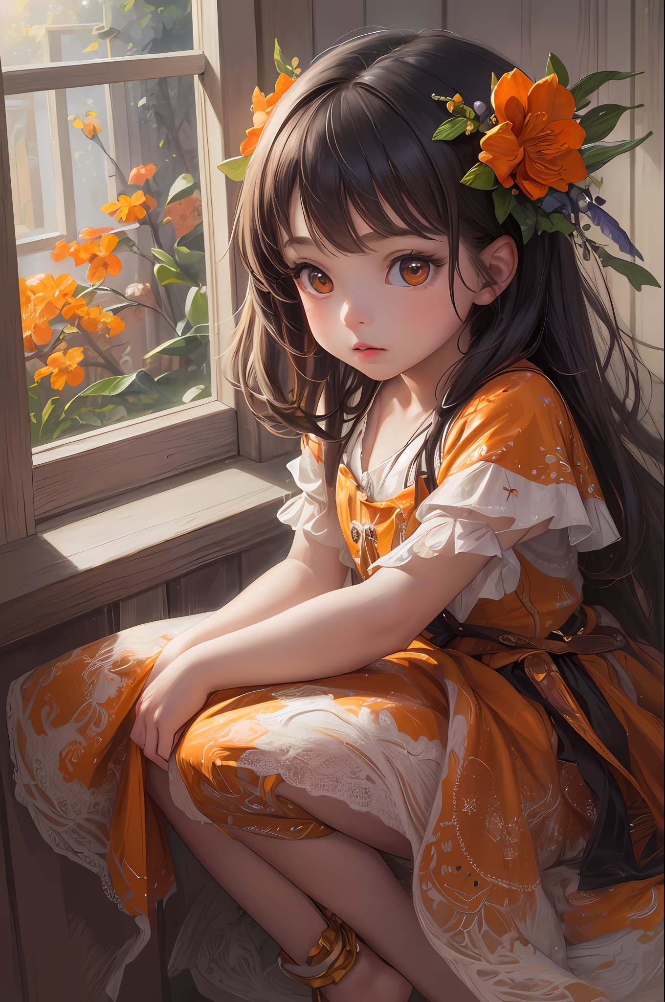 ( Absurd , High quality , ultra detailed, masterpiece, concept art, smooth, highly detailed artwork, hyper realistic painting ) little girl, Dreamy , Romantic , Vivid, girl , orange , orange blossom character, cute , whole body ,