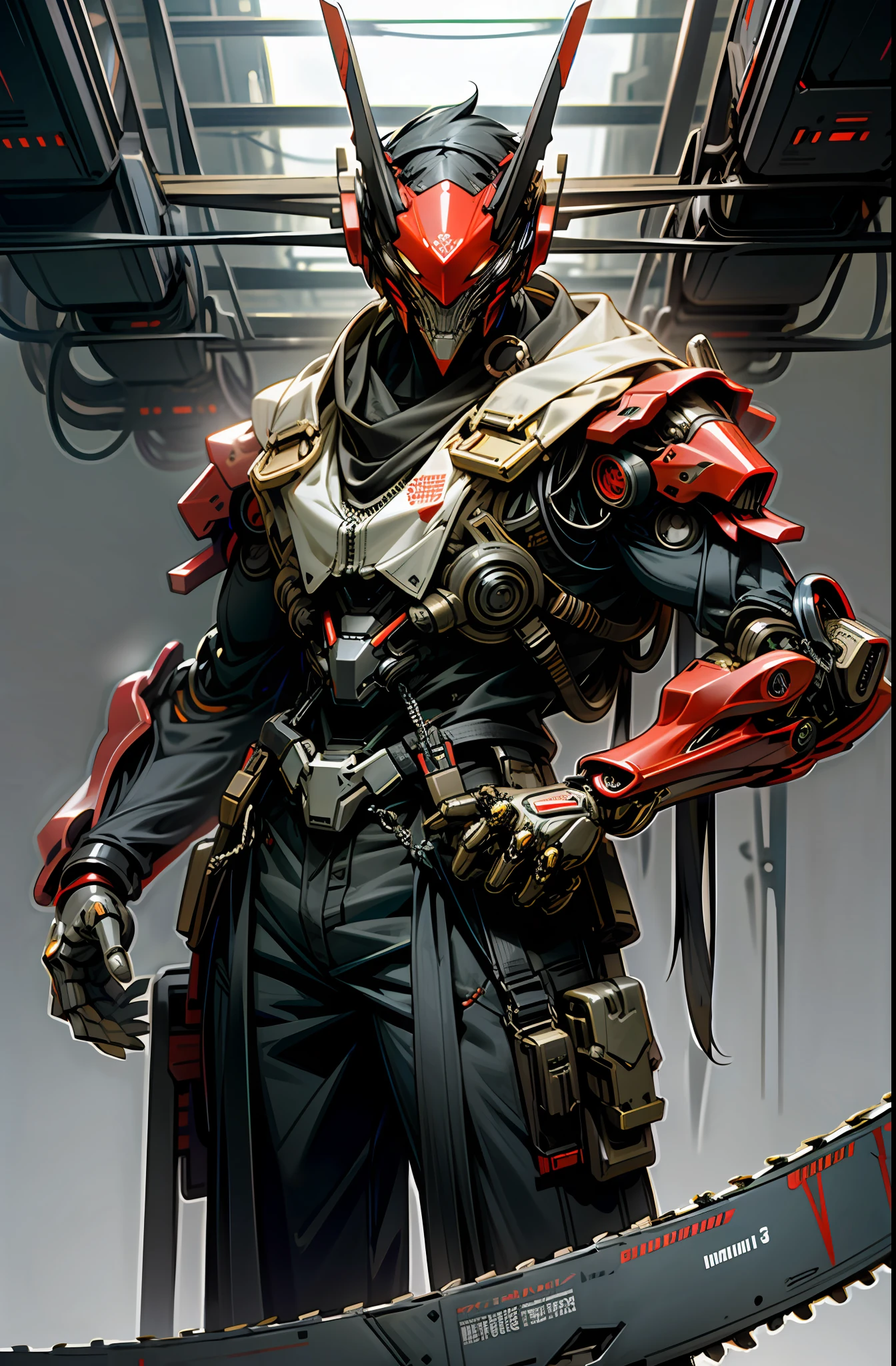 Dark Fantasy, Cyberpunk, Mechanical Marvel, Chain Saw, Chain Saw Man, Red:1.1, Cybernetic Guardian, Robotic Presence, 1 Person