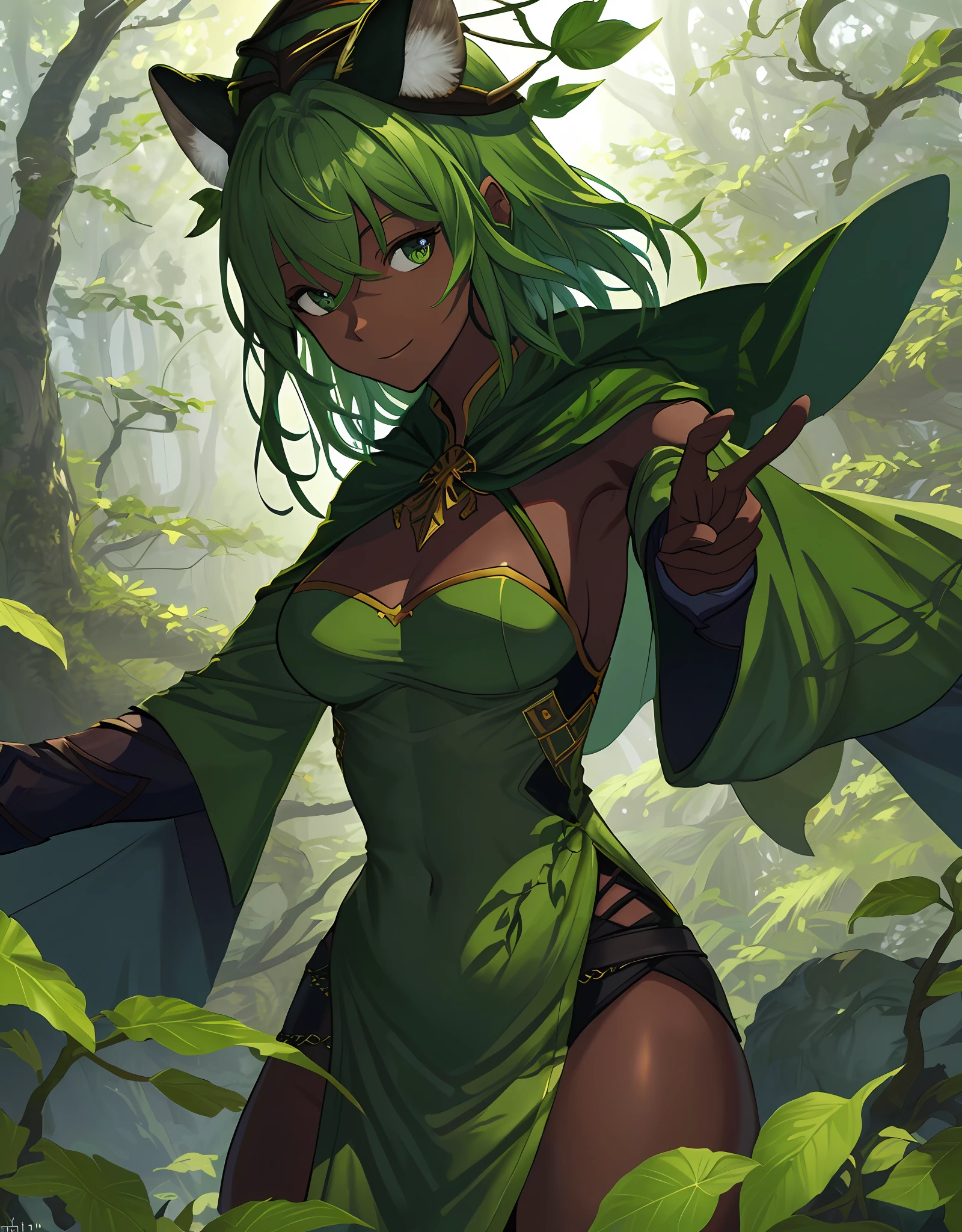 ファンタジー, 1forest_elemental_girl, dynamic_pose_fighting, (using_leaves_clothes, green_leaves_covered_breasts, leaves_covered_pussy)+++,big_tits,dynamic_pose_standing, light_smile, 眠い, medium_hair, へそ,(dark_skin)+, オイル, (winding_vine_around_torso)++, (ふっくらと)+,森, trees_background, leaves_headgear, green_leaves_cape, hold_large_long_staff, large_thighs, large_ass, (solo)+,