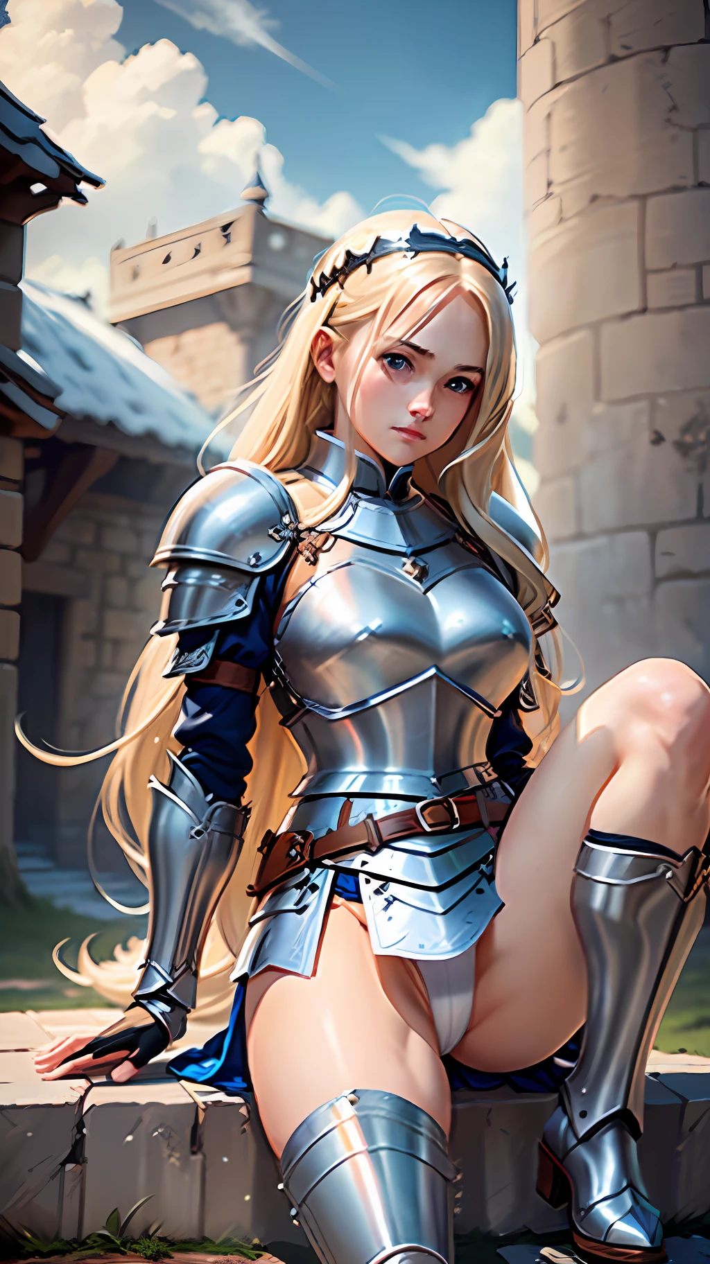 Blonde warrior, best quality, ultra realistic, masterpiece, ultra detailed, 1 girl, cute, long hair, straight hair, beautiful, medieval fantasy, medieval, armor, steel breastplate, steel gauntlets, steel gloves, steel boots, crouch, open legs, short skirt, blue skirt, white panties, panties appearing, thong, realistic, D&D, open legs, upskirt, cameltoe, pantyshot, ultra realistic, wallpaper,  .RAW