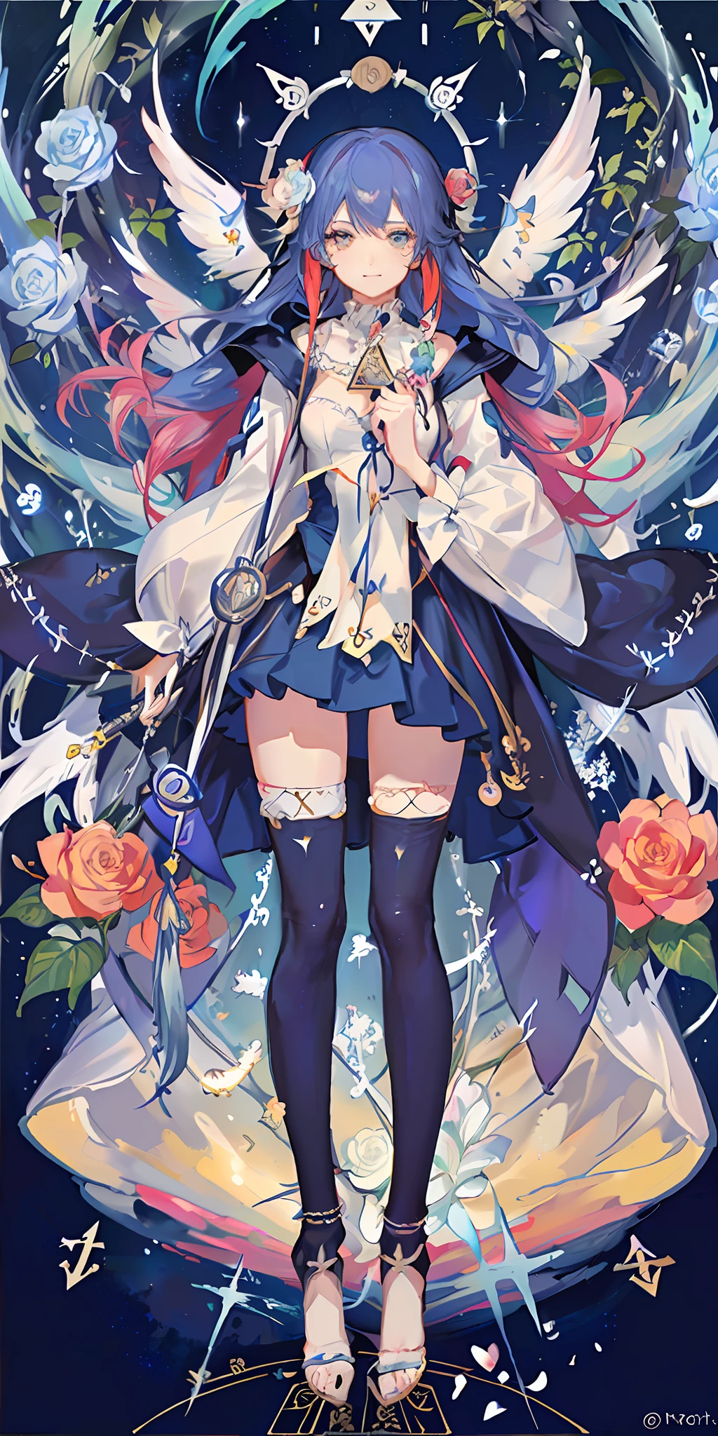 (Golden Ratio: 1.2),(Rose Graffiti:1.2),(Fault Color:1.3),[(White:1.4)::10],(Full-body:1.2),(Ultra Detail:1.3),(Tarot:1.6),(Magician:1.6),(Magician: Tarot): 1.6), (Paper: 1.2), (Fairy: 1.6), (Fairy Wings: 1.2), Full body, standing in the air, (Cool: 1.2), (Red Long Hair),(erfly Hair Ornament),( Floral Hair Ornament: 1.0),((Sandals,Rocket)),(Colorful Cock Long Dress:1.0)+ (Loose Sleeve Coat:1.3)+(Floating Colorful Tassel and Ribbon: 1.2),(White Stockings: 1.2),(Multicolored Ink Paper Flowers Growing on Face:1.2),(Colorful Flower Sea:1.3),(Chaotic Geometric Image:1.3 ), (Negative space: 0.8), (Drawing board: 1.3), (Ether Colorful Ink Flow: 1.3)