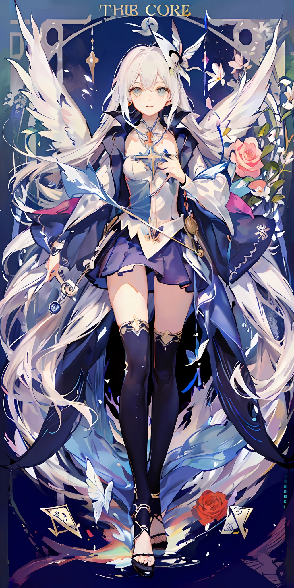 (Golden Ratio: 1.2),(Rose Graffiti:1.2),(Fault Color:1.3),[(White:1.4)::10],(Full-body:1.2),(Ultra Detail:1.3),(Tarot:1.6),(Magician:1.6),(Magician: Tarot): 1.6), (Paper: 1.2), (Fairy: 1.6), (Fairy Wings: 1.2), Full body, standing in the air, (Cool: 1.2), (Red Long Hair),(Butterfly Hair Ornament),( Floral Hair Ornament: 1.0),((Sandals,Rocket)),(Colorful Cocktail Long Dress:1.0)+ (Loose Sleeve Coat:1.3)+(Floating Colorful Tassel and Ribbon: 1.2),(White Stockings: 1.2),(Multicolored Ink Paper Flowers Growing on Face:1.2),(Colorful Flower Sea:1.3),(Chaotic Geometric Image:1.3 ), (Negative space: 0.8), (Drawing board: 1.3), (Ether Colorful Ink Flow: 1.3)