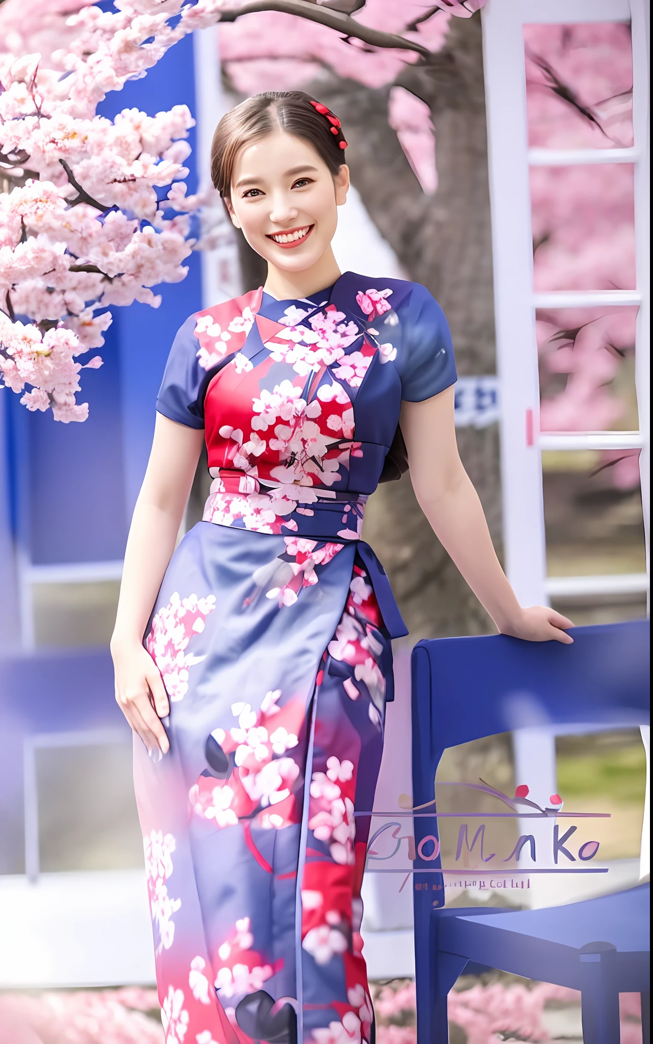A smiling pretty girl under a Sakura tree, wearing a Dark Blue and Red Kimono