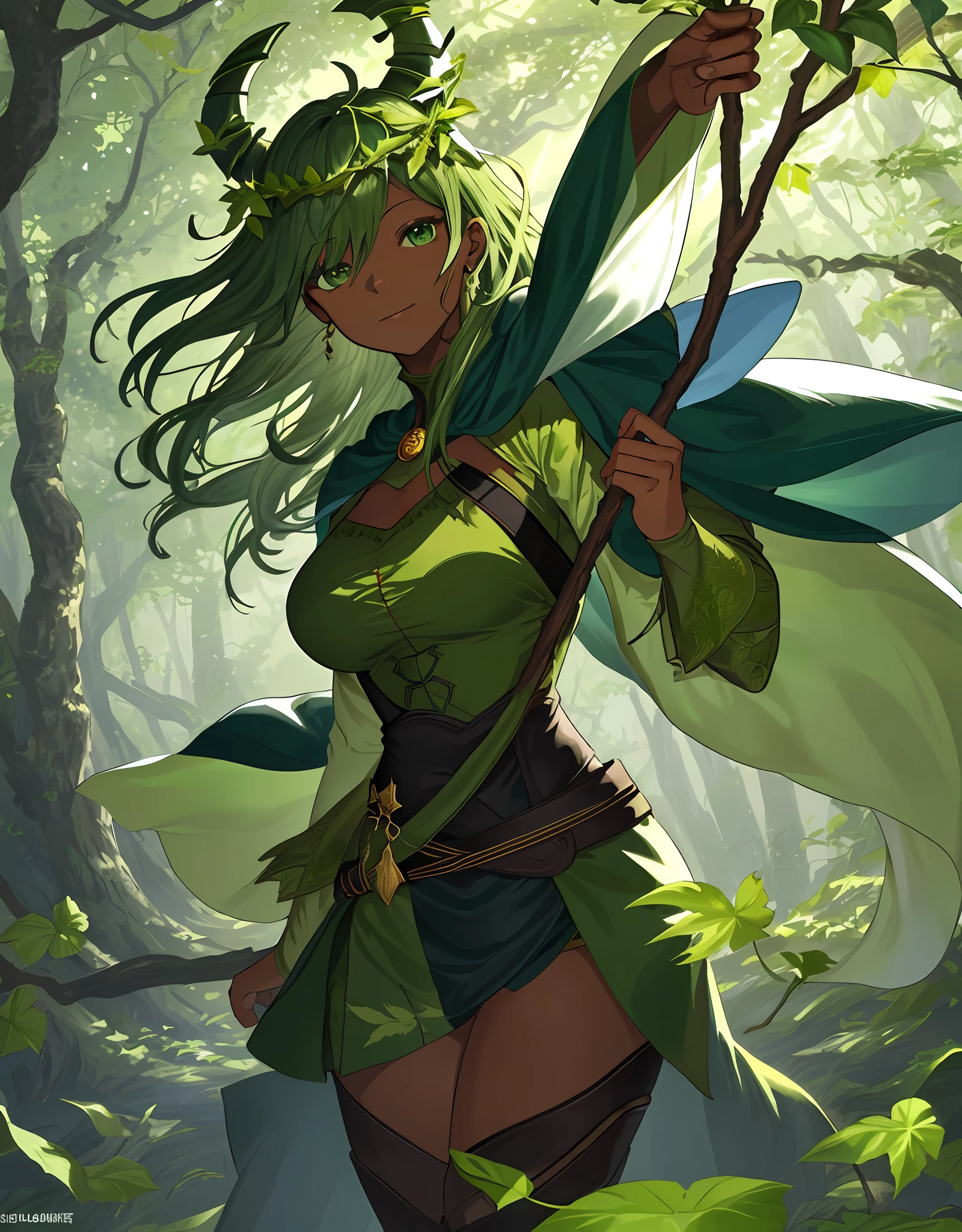 ファンタジー, 1forest_elemental_girl, dynamic_pose_fighting, (using_leaves_clothes, green_leaves_covered_breasts, leaves_covered_pussy)+++,big_tits,dynamic_pose_standing, light_smile, 眠い, medium_hair, へそ,(dark_skin)+, オイル, (winding_vine_around_torso)++, (ふっくらと)+,森, trees_background, leaves_headgear, green_leaves_cape, hold_large_long_staff, large_thighs, large_ass, (solo)+,