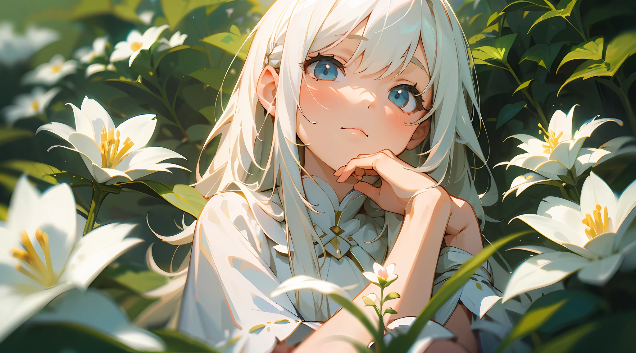 (Masterpiece, best quality), 1 long white haired girl sitting in a field of greenery and flowers, her hands under chin, warm lighting, white dress, blurred foreground, HD, depth of field, bokeh, bust, medium shot, 56mm lens
