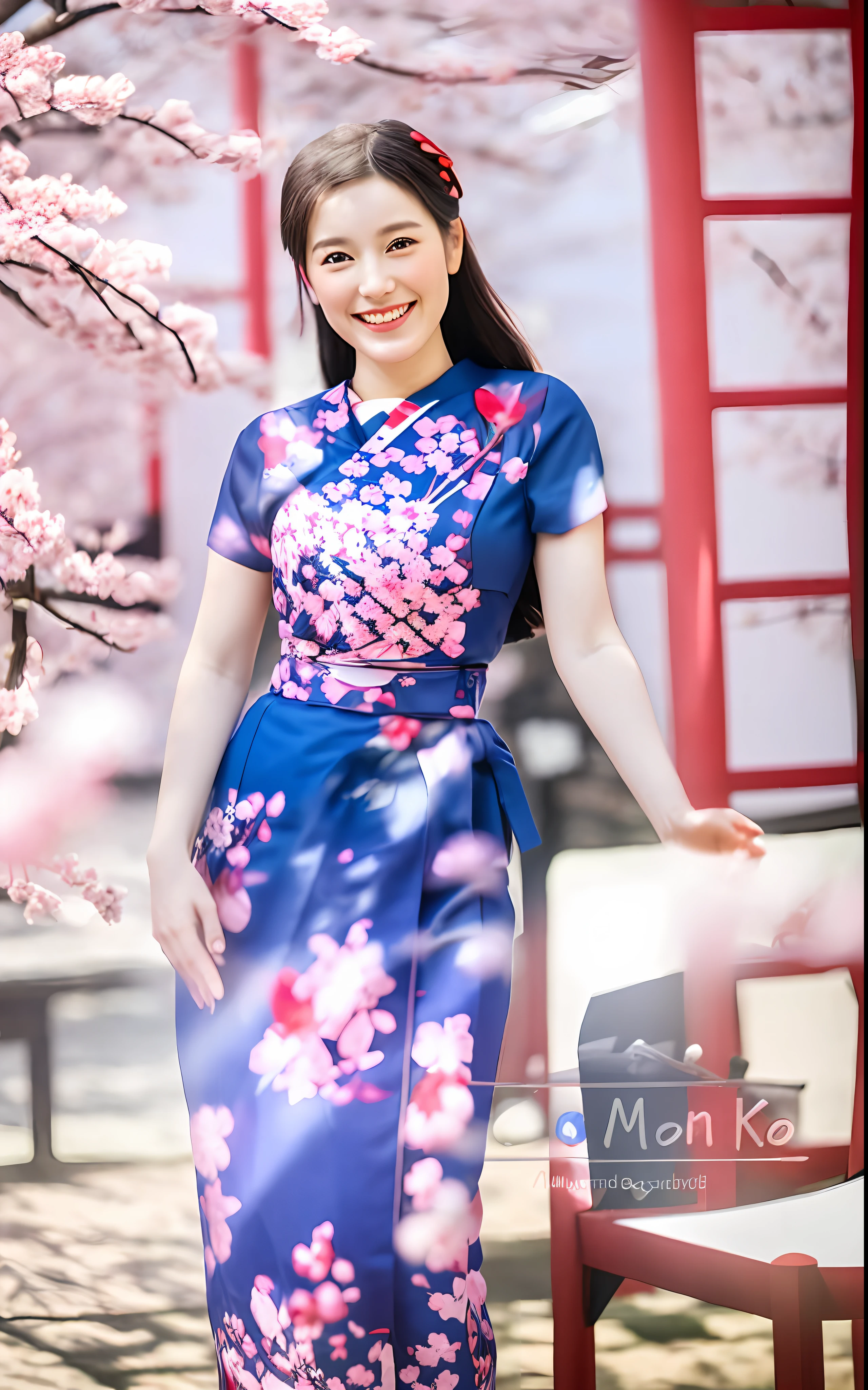 A smiling pretty girl under a Sakura tree, wearing a Dark Blue and Red Kimono