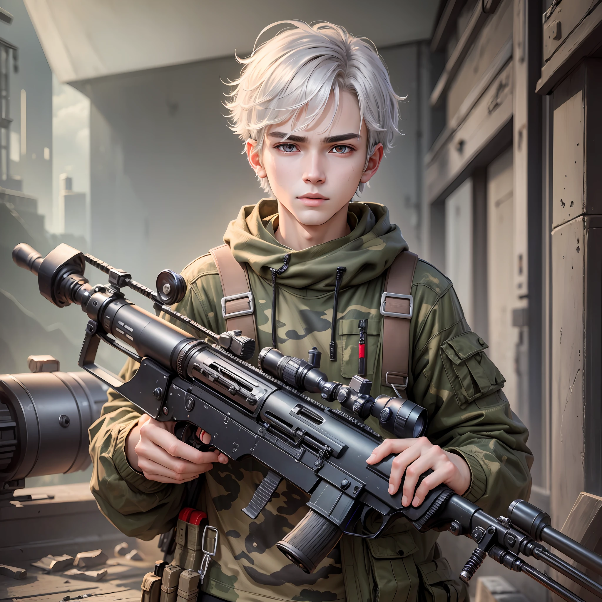 ((high quality)), ((masterpiece)), 8k, 1 boy, holding a sniper rifle, wearing a shabby camouflage top, short silver hair, red eyes --auto --s2