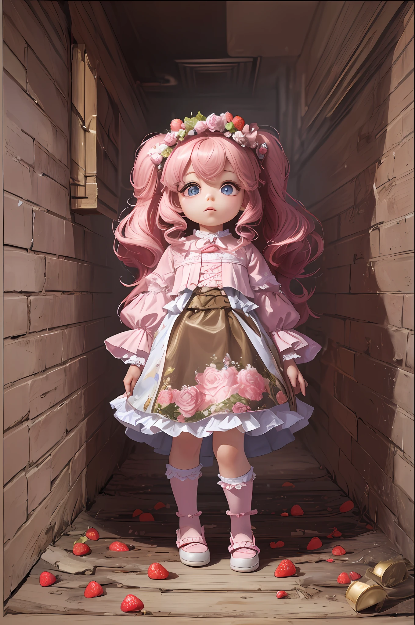 ( Absurd , High quality , ultra detailed, masterpiece, concept art, smooth, highly detailed artwork, hyper realistic painting ) Dreamy , Romantic , Vivid, little girl , pink , strawberry shortcake character, cute , whole body ,
