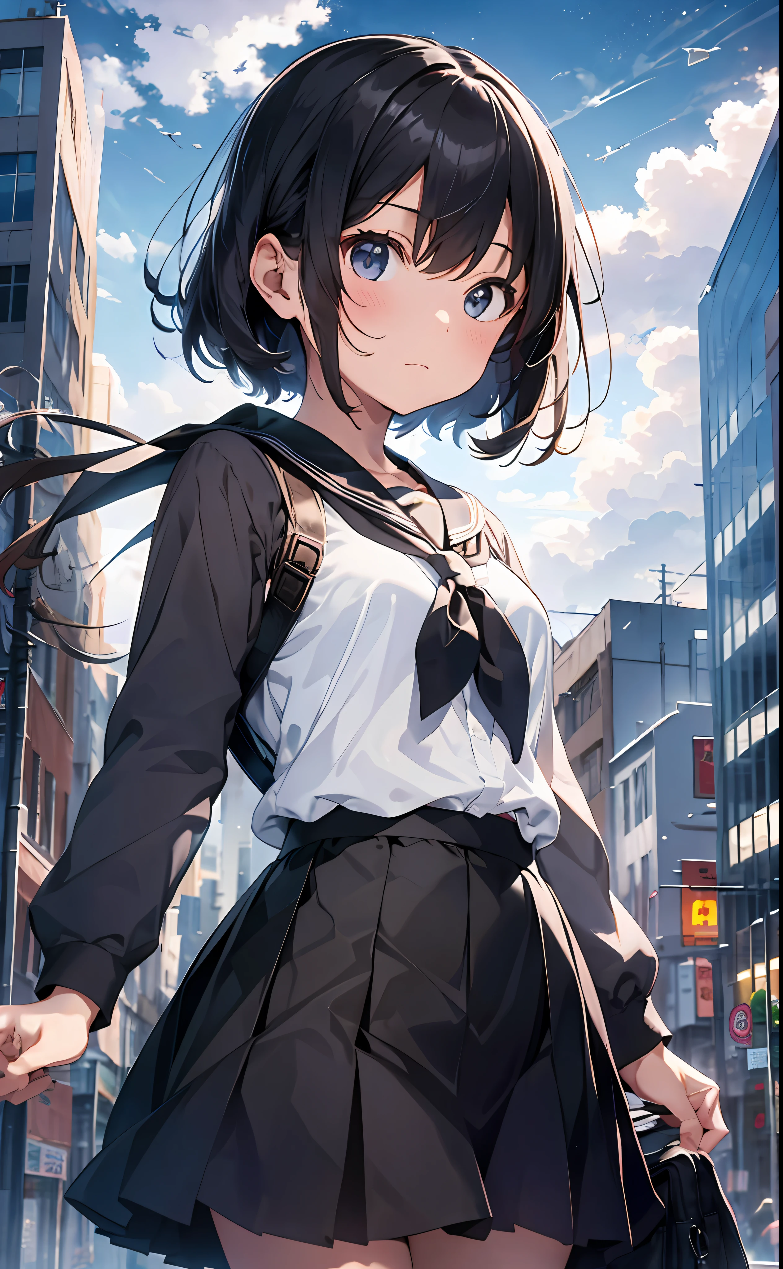 【Gem, Best Quality】1 girl, from below, solo, uniform, seraphk, sky, clouds, black hair, skirt, sailor color, person watching viewer, short hair, building, bangs, neckerchief, long sleeve, cloudy sky, electric wire, shirt, cityscape, pleated skirt, landscape, dull bangs, city, night, black sailor color, closed mouth black skirt, medium hair, school bag, Holding Bag