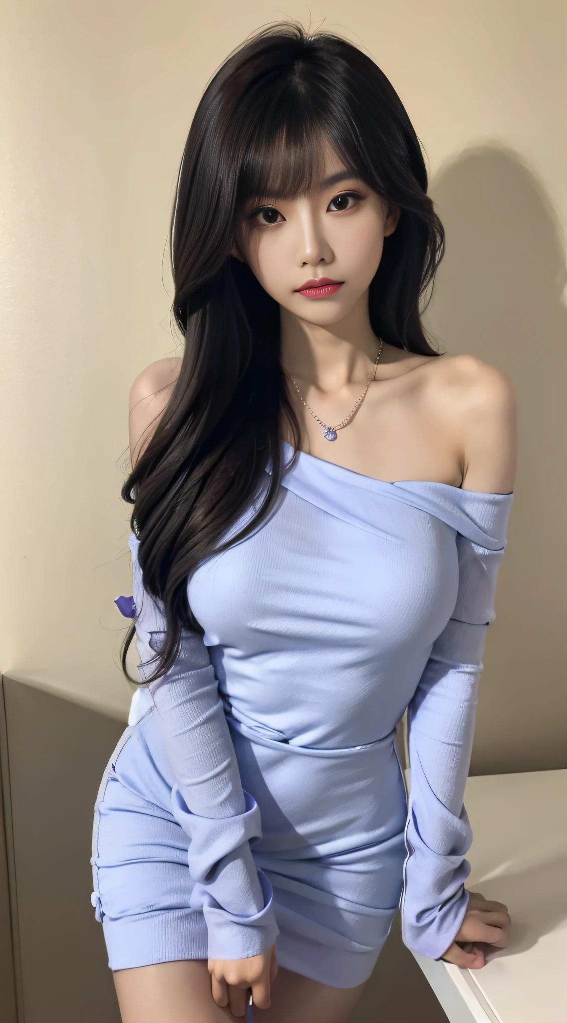 A Chinese woman on off-white wall background, fluffy hair, delicate face, realistic, real, slender, large aperture, wearing a light purple dress, round neck dress, off-the-shoulder dress, tight dress, with necklace,