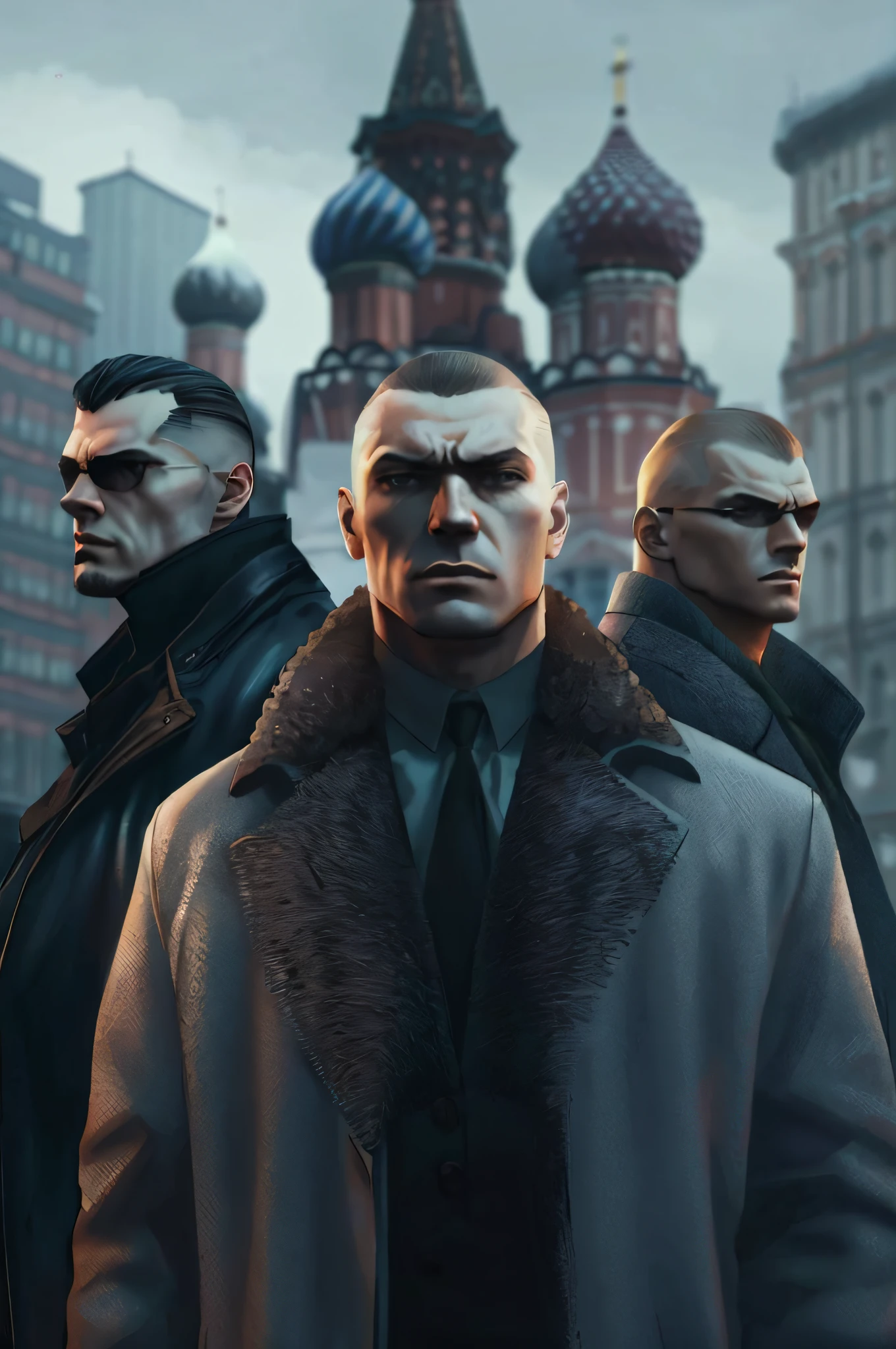Draw three Russian gangsters in Moscow in the early 90s, describing many details of that period including the fashion of the period, irritability and getting stuck around the fight procedure, Criminal Energy, Evening Moscow, dark blue background, winter, long jacket, jeans, chain, hat, aggressive facial expressions showing all hopelessness and brutality.