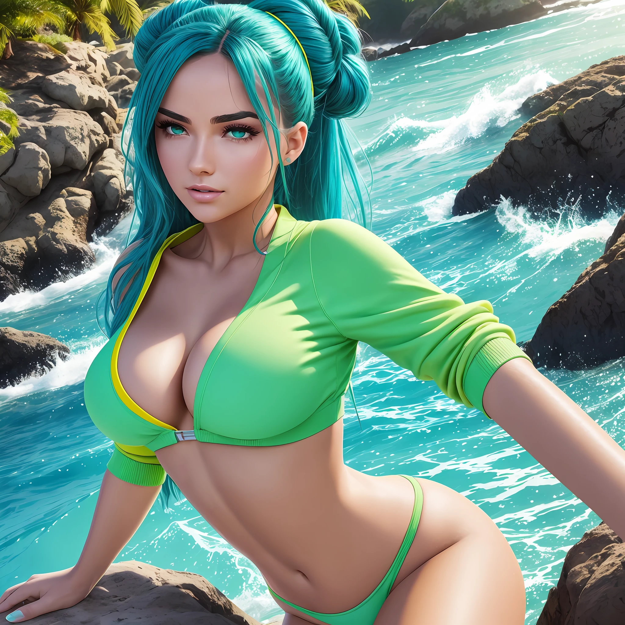 Full retro body of a 25-year-old woman, clutching her hair with two buns, large breasts and large butt, wearing a bright green and yellow sweatshirt with the closure open, revealing part of her breasts and abdomen, wearing only the bottom of a bikini, the bottom of the bikini is very intense turquoise, With a beach background, hyper-realistic, 8K resolution, cinematic lighting, highly detailed face features --auto --s2
