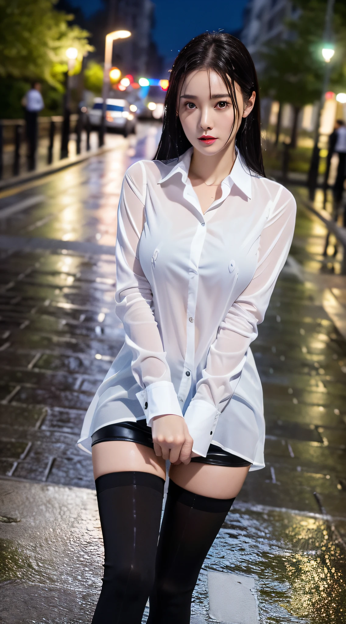 ((Realistic lighting, Best Quality, 8K, Masterpiece: 1.3)), Focus: 1.2, 1girl, Perfect Beauty: 1.4, Slim Abs: 1.1, (Big Breasts), (White Shirt: 1.4), (Outdoor, Night: 1.1), City Street, Super Fine Face, Fine Eyes, Double Eyelids, (Over the Knee Black Stockings: 1.5), (Wet in the Rain, Wet: 1.2)